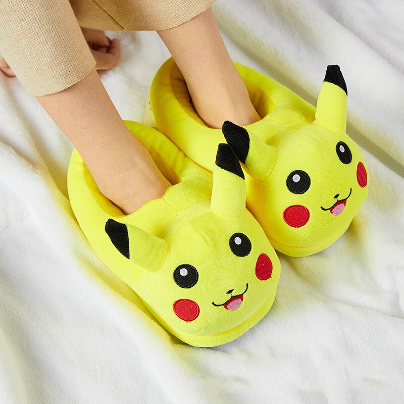 Winter Women Warm Plush Home Slippers Soft Comfortable Pikachu Anime Slippers Yellow Family Bedroom Slippers Chaussons Femme