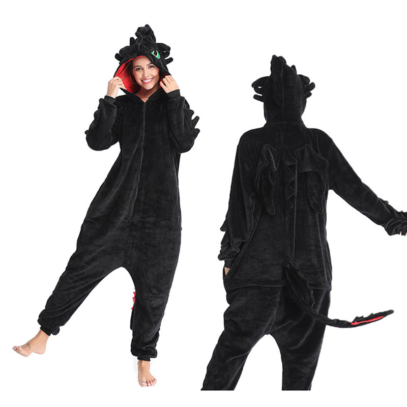Toothless Dragon Kugurumis Black Onesie Adult Unisex Flannel Pajama Anime Train Your Night Fury Sleepwear Home Wear Zipper Suit