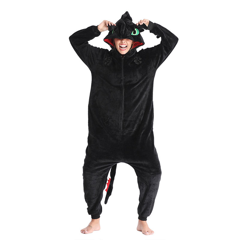 Toothless Onesie Pajamas Black Dragon Animal Jumpsuit Zipper Footed Cosplay Costume Unisex Adults Kids 