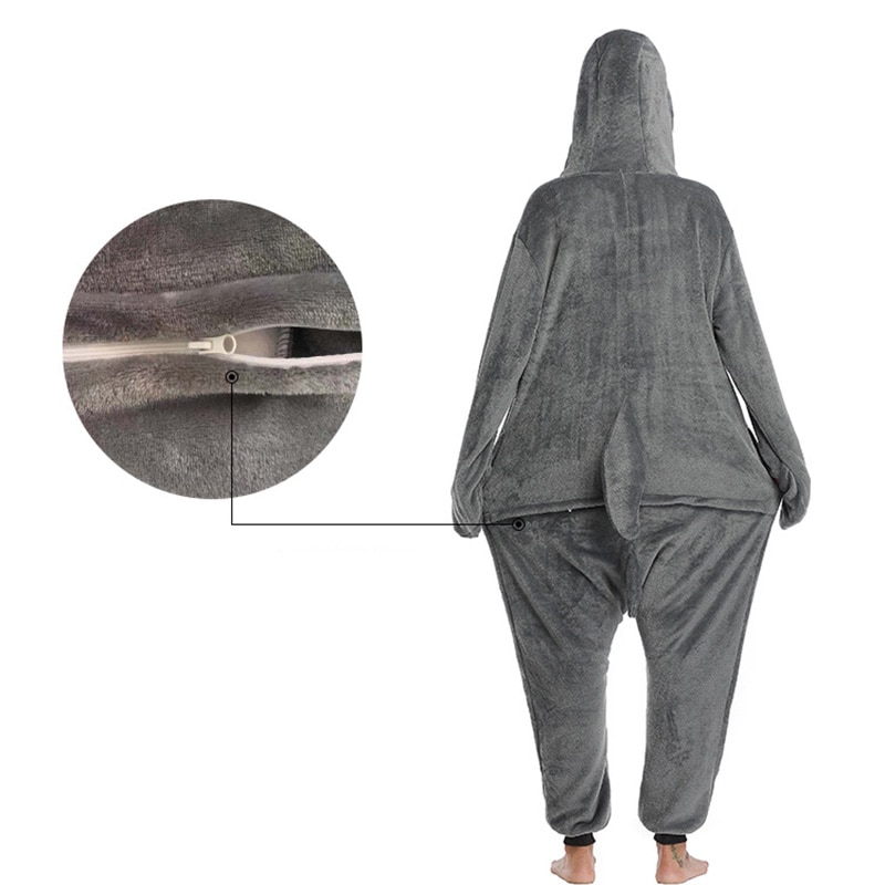 Gray Animal Kigurumis Funny Onesies For Men Women Zipper Pajamas Adult Sleepwear Winter Warm Outfit Flannel Homewear Sleep Suit