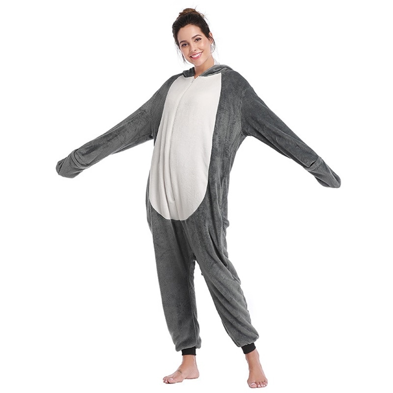 Gray Animal Kigurumis Funny Onesies For Men Women Zipper Pajamas Adult Sleepwear Winter Warm Outfit Flannel Homewear Sleep Suit