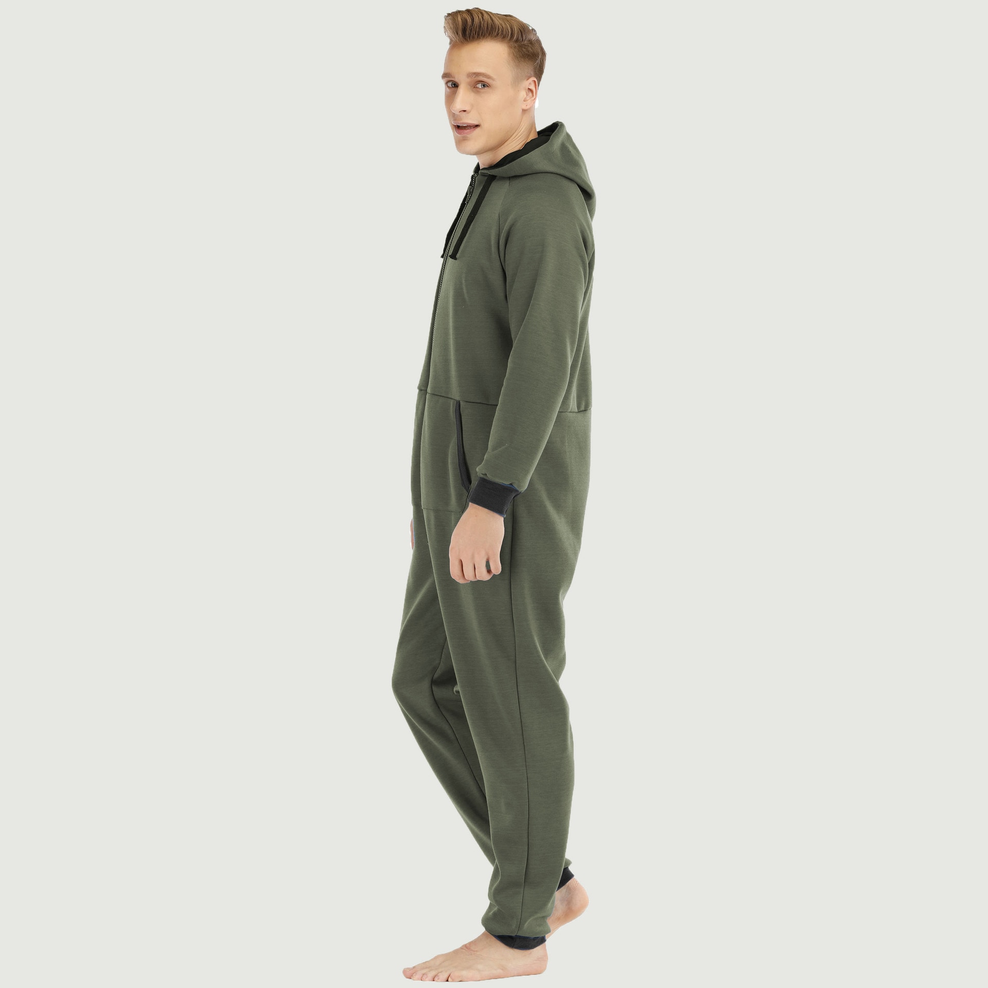 Jumpsuit Men Pajamas Solid Onesie Adults Autumn Winter Splicing Casual Hoodie Zipper Sleepwear Hooded Suits