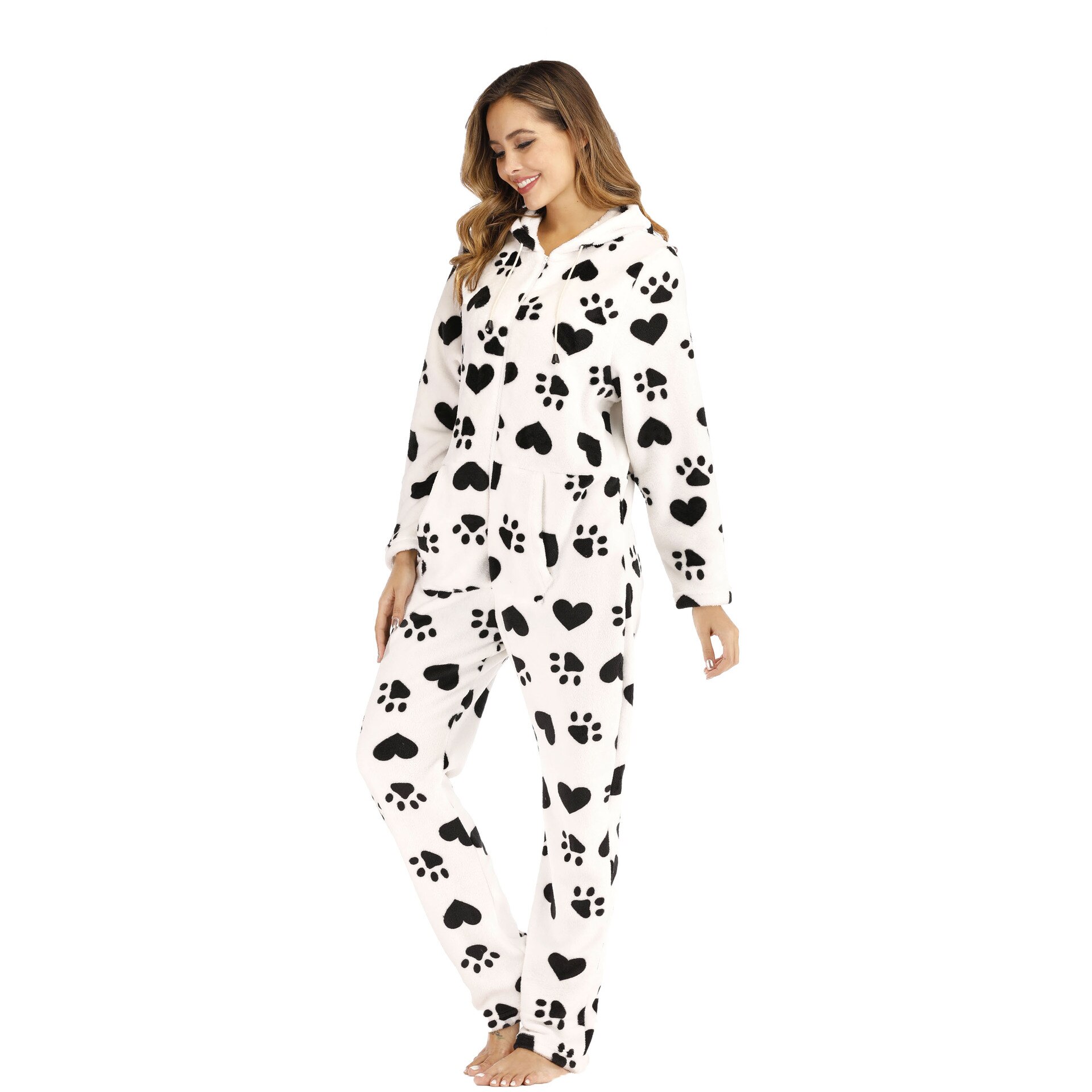 Women Jumpsuit Pajama Adult Winter Warm Onesie Sleepwear Cute Dog Footprints Love Streetwear Casual Hooded Full Sleeve Nightwear