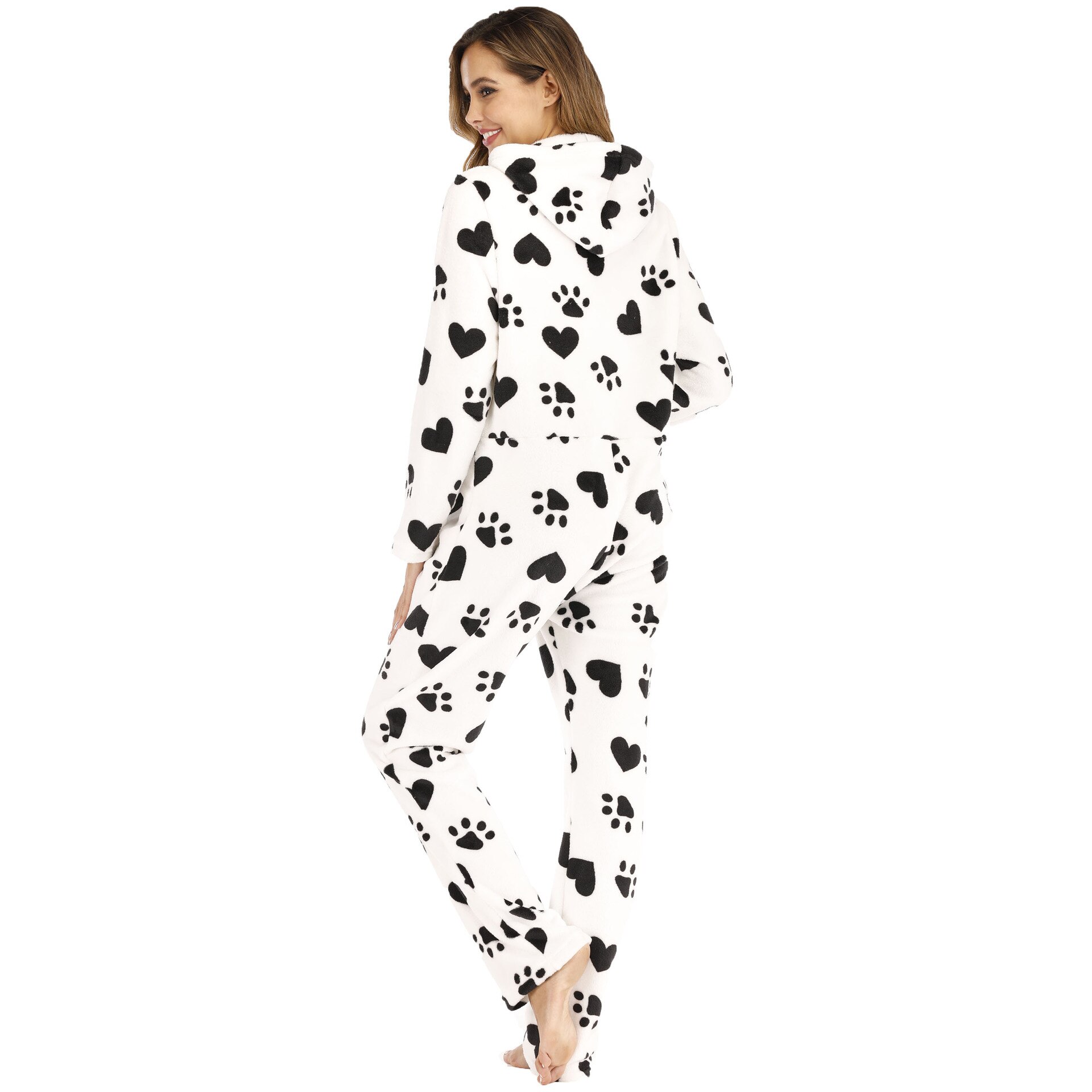 Women Jumpsuit Pajama Adult Winter Warm Onesie Sleepwear Cute Dog Footprints Love Streetwear Casual Hooded Full Sleeve Nightwear