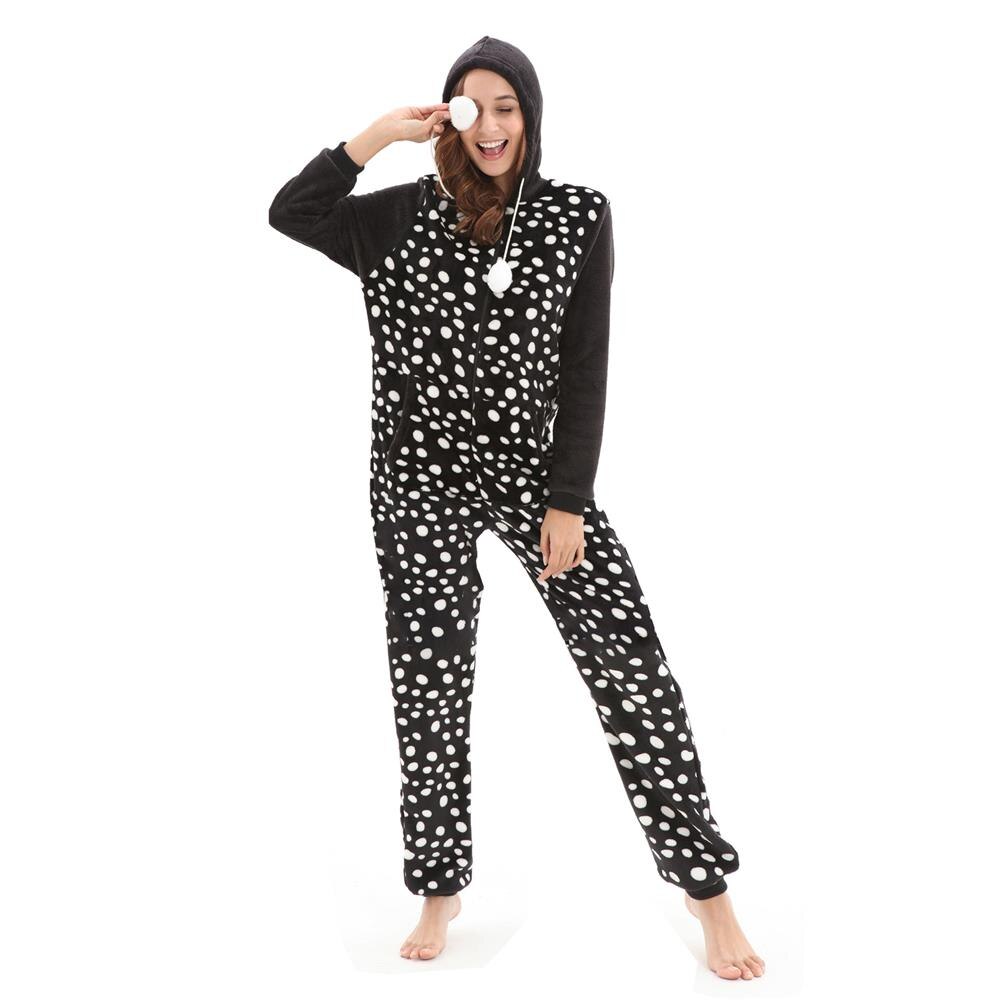 Dots Print Women Jumpsuit Pajamas Flannel Hooded Onesie Winter Full Sleeve Loose Rompers Sleepwear Black Casual Lady Playsuits