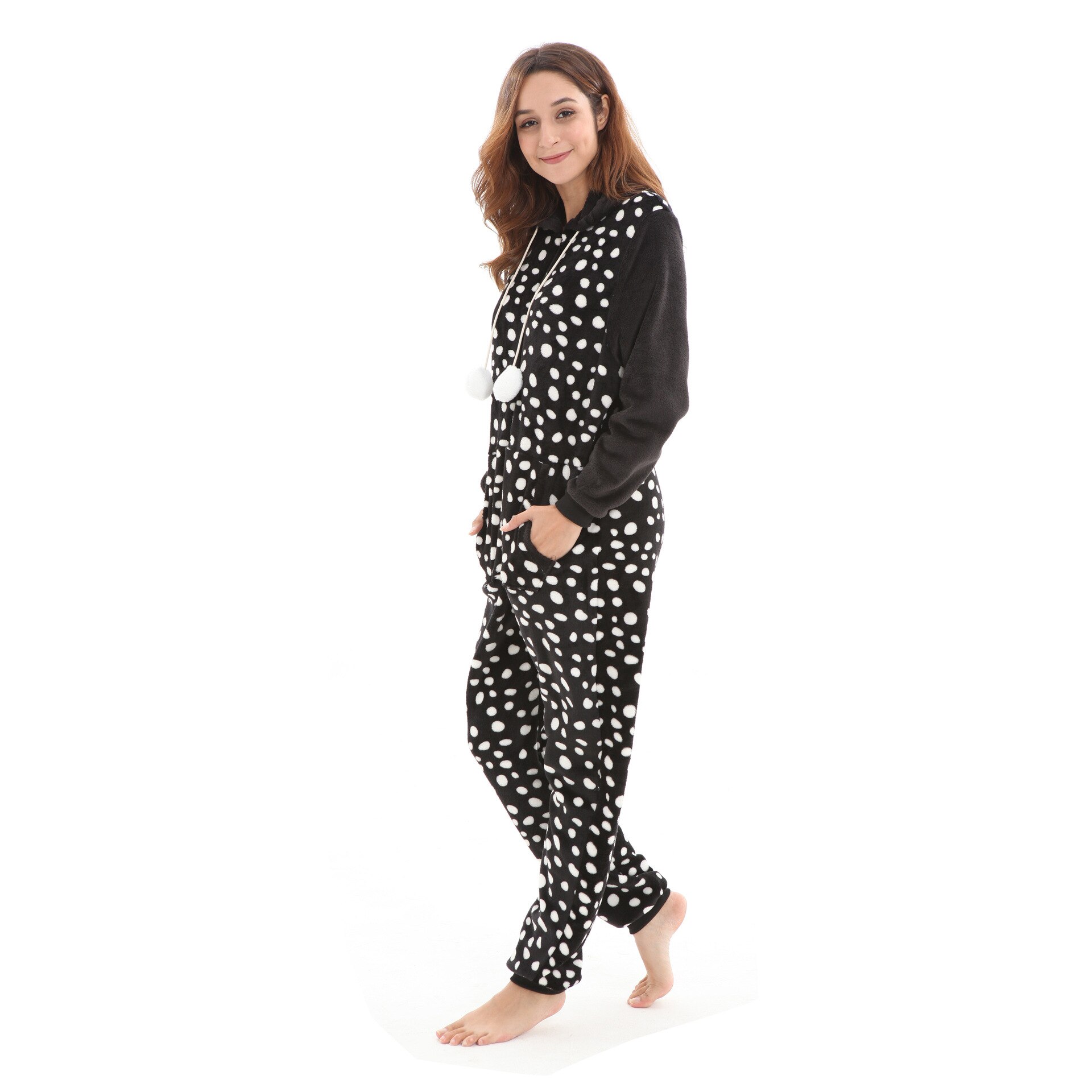Dots Print Women Jumpsuit Pajamas Flannel Hooded Onesie Winter Full Sleeve Loose Rompers Sleepwear Black Casual Lady Playsuits