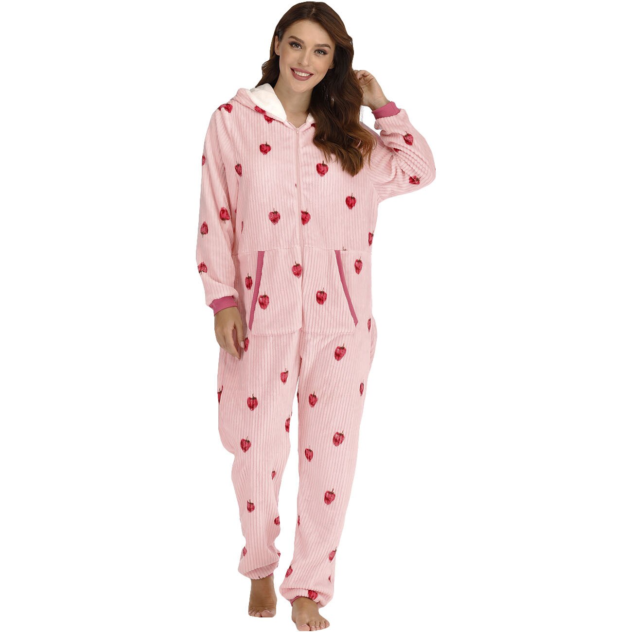 Women Jumpsuit Pajama Hooded With Pocket Onesies Sleepwear Pink Strawberry Printed Zipper Full Sleeve Homewear Casual Pyjama