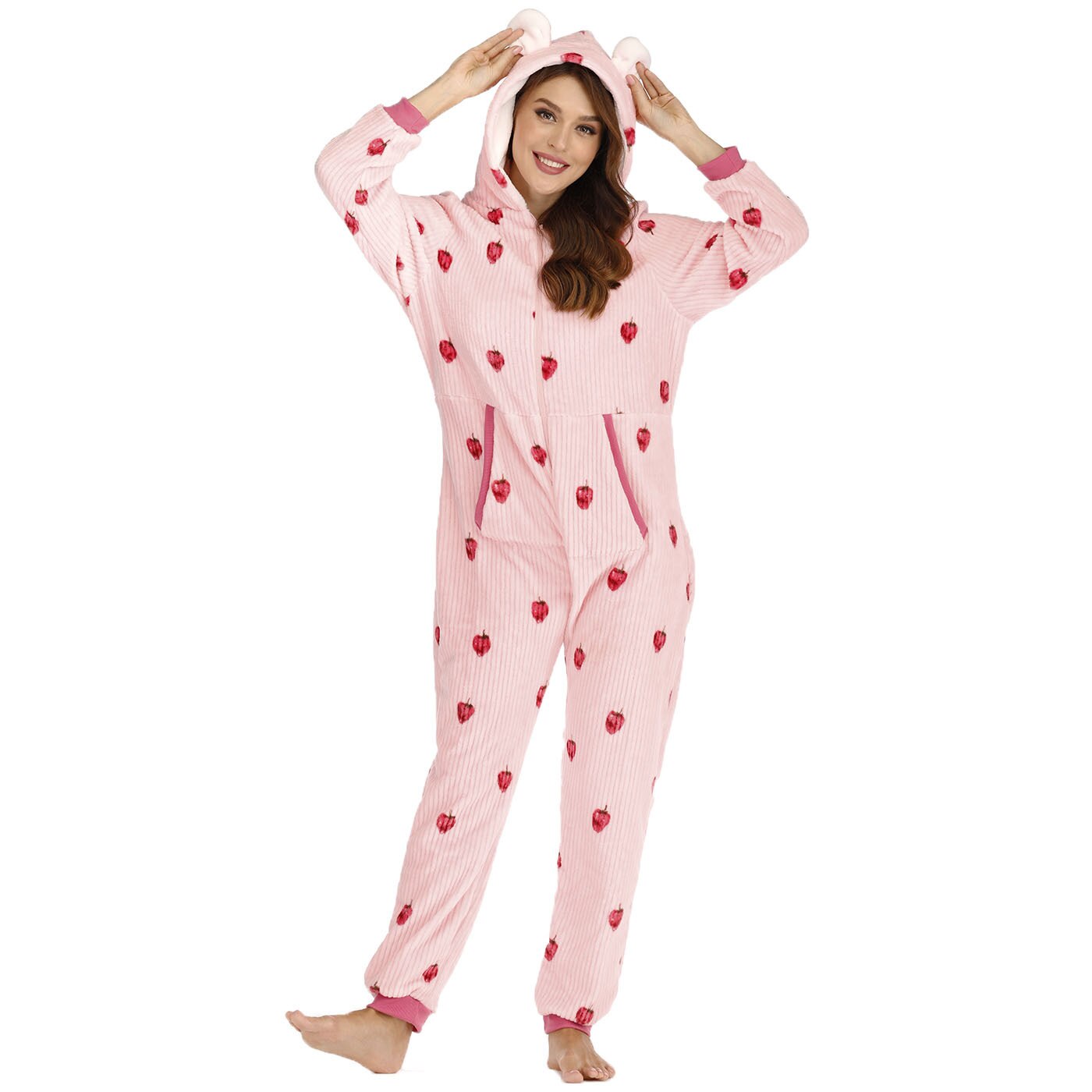 Women Jumpsuit Pajama Hooded With Pocket Onesies Sleepwear Pink Strawberry Printed Zipper Full Sleeve Homewear Casual Pyjama