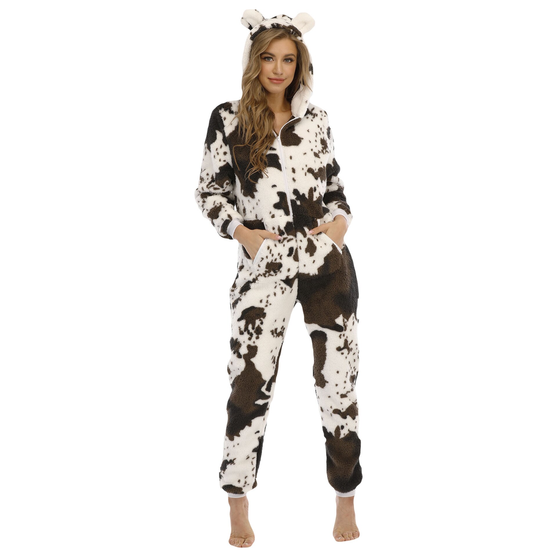 Cows Kigurumi Pyjamas Stitch Warm Cartoon Animal Jumpsuit Nightwear Long Sleeve Black White Print Hood Rompers Onesie Unisex