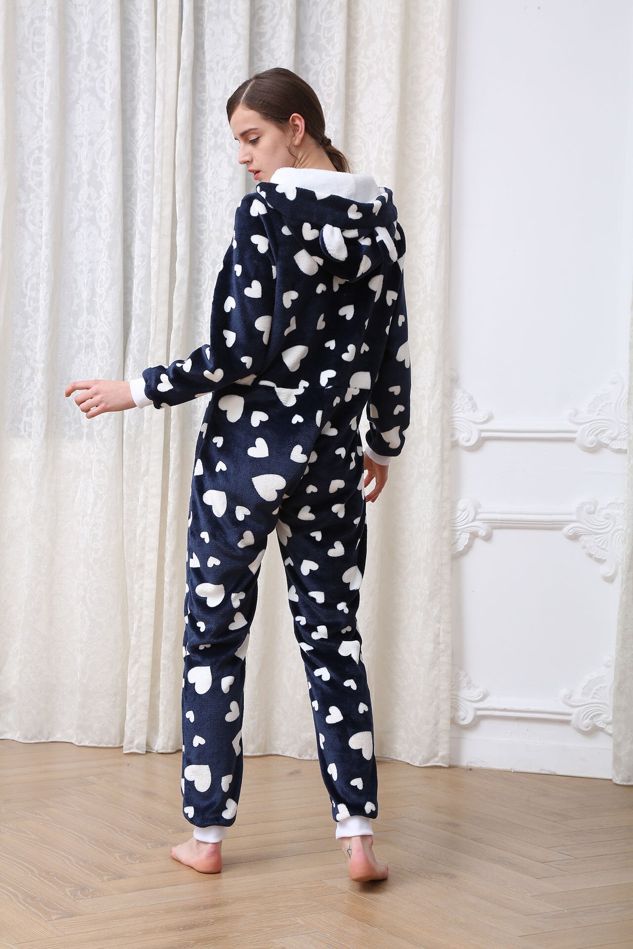 Women Pajamas Zipper Hooded Sleepwear Jumpsuit Plush Onesie Love Print Casual Nightgown Full Sleeve Loose Rompers Nightwear