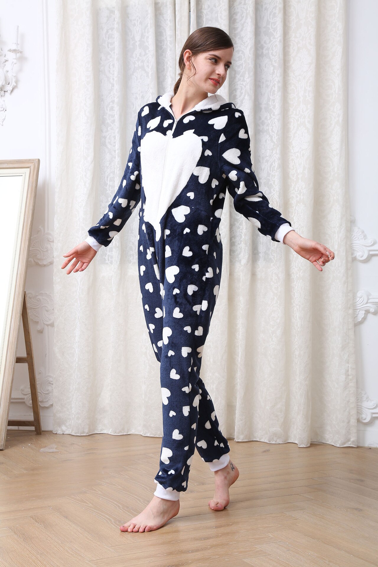 Women Pajamas Zipper Hooded Sleepwear Jumpsuit Plush Onesie Love Print Casual Nightgown Full Sleeve Loose Rompers Nightwear