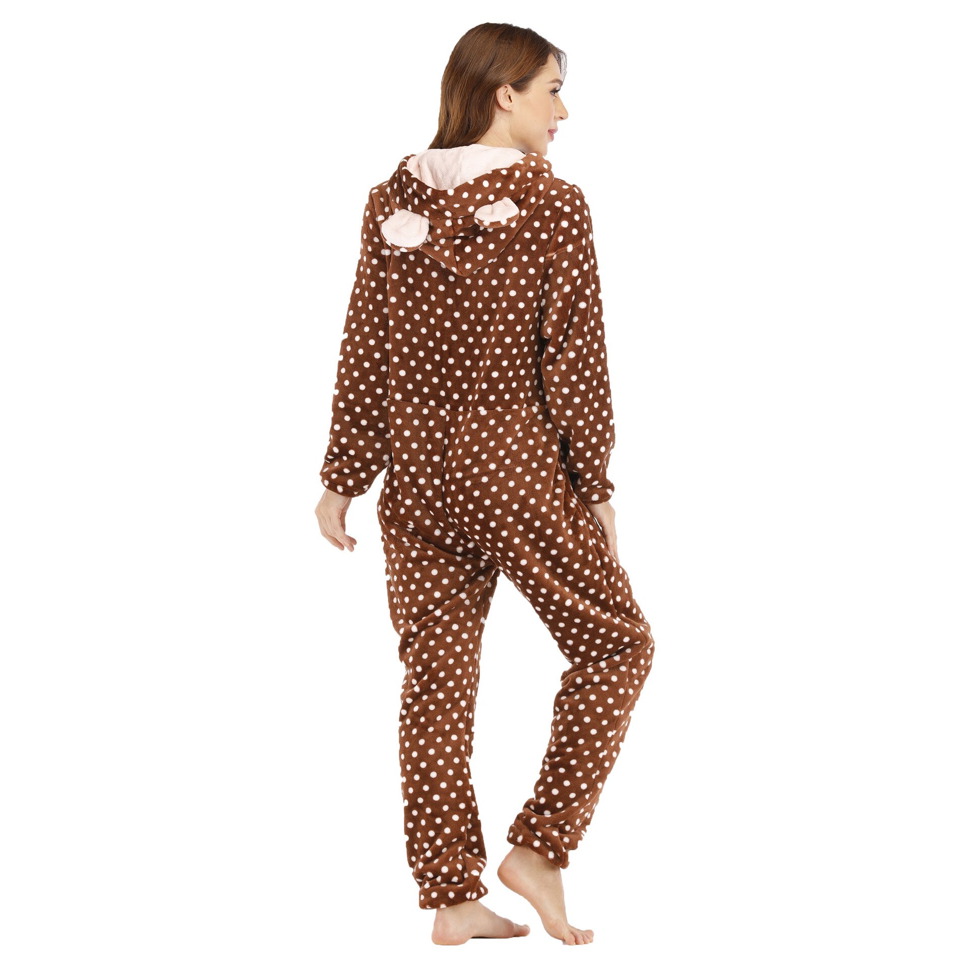 Women Dots Print Jumpsuit Kingurumi Animal Pajamas Flannel Cute Bear Ears Hooded Onesie Rompers Pyjama Coverall Lady Sleepwear