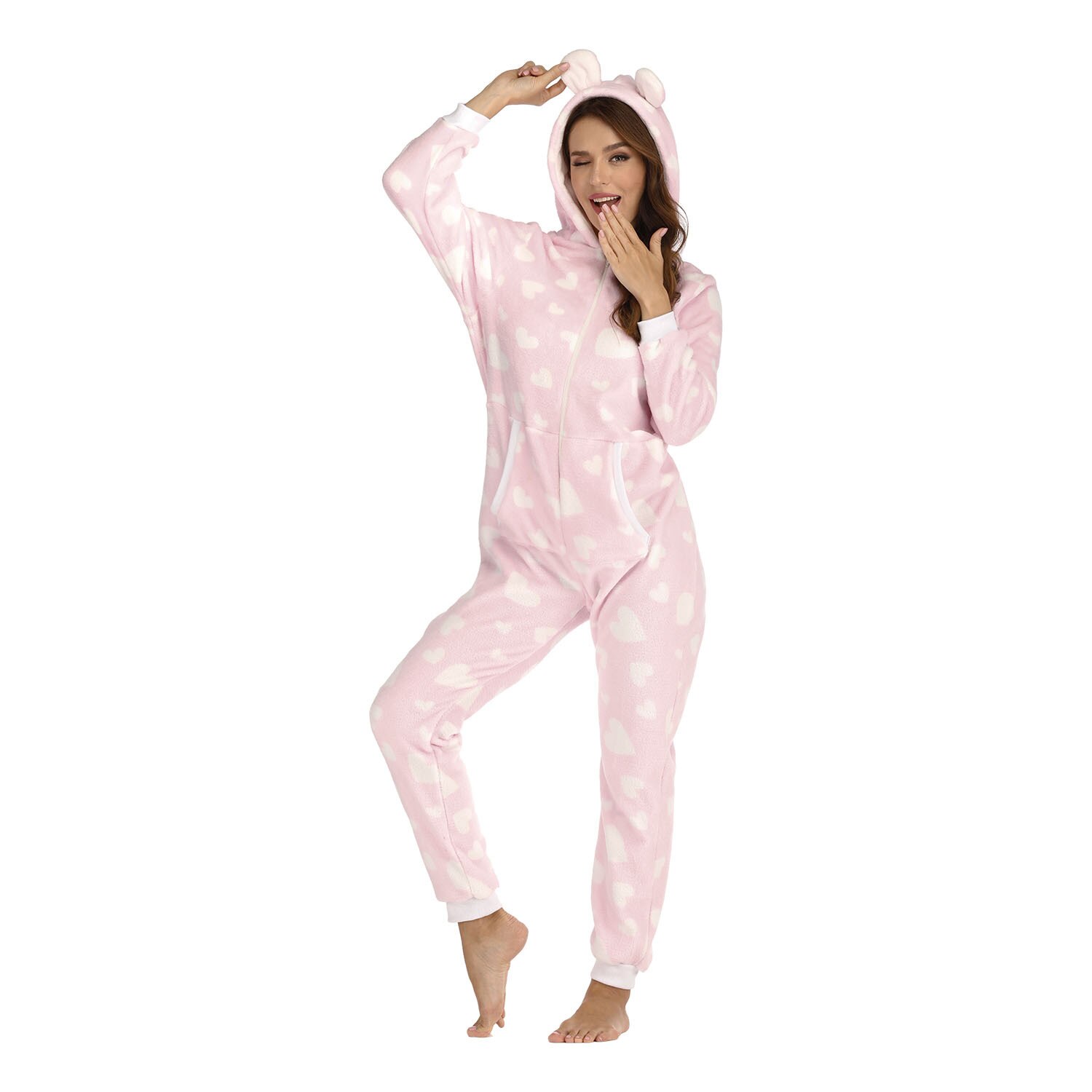 Women Kigurumis Pajama Cute Animal Ear Jumpsuit Zipper Hooded Love Print Casual Homewear Solid Simple Streetwear Rompers Pyjamas