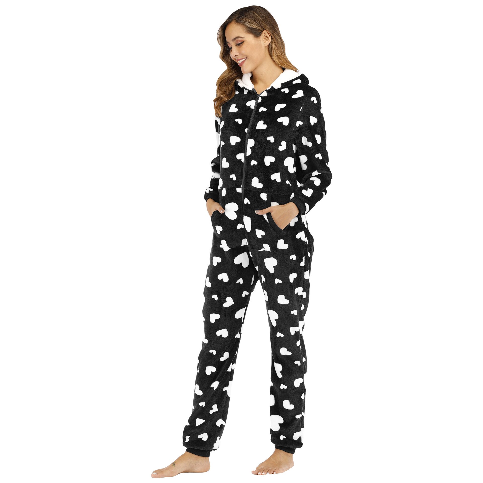 Women Kigurumis Pajama Cute Animal Ear Jumpsuit Zipper Hooded Love Print Casual Homewear Solid Simple Streetwear Rompers Pyjamas