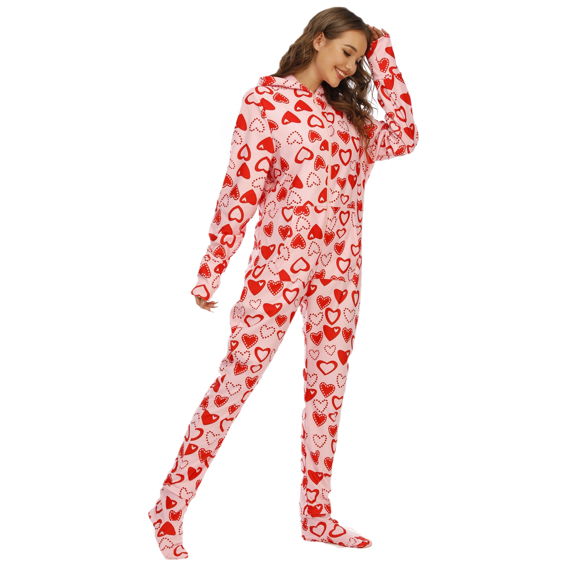 Women Pajamas Polar Fleece Jumpsuit Zipper Hooded Onesie Sleepwear Love Print Nightgown Pink Red With Foot Cover Rompers Pyjamas