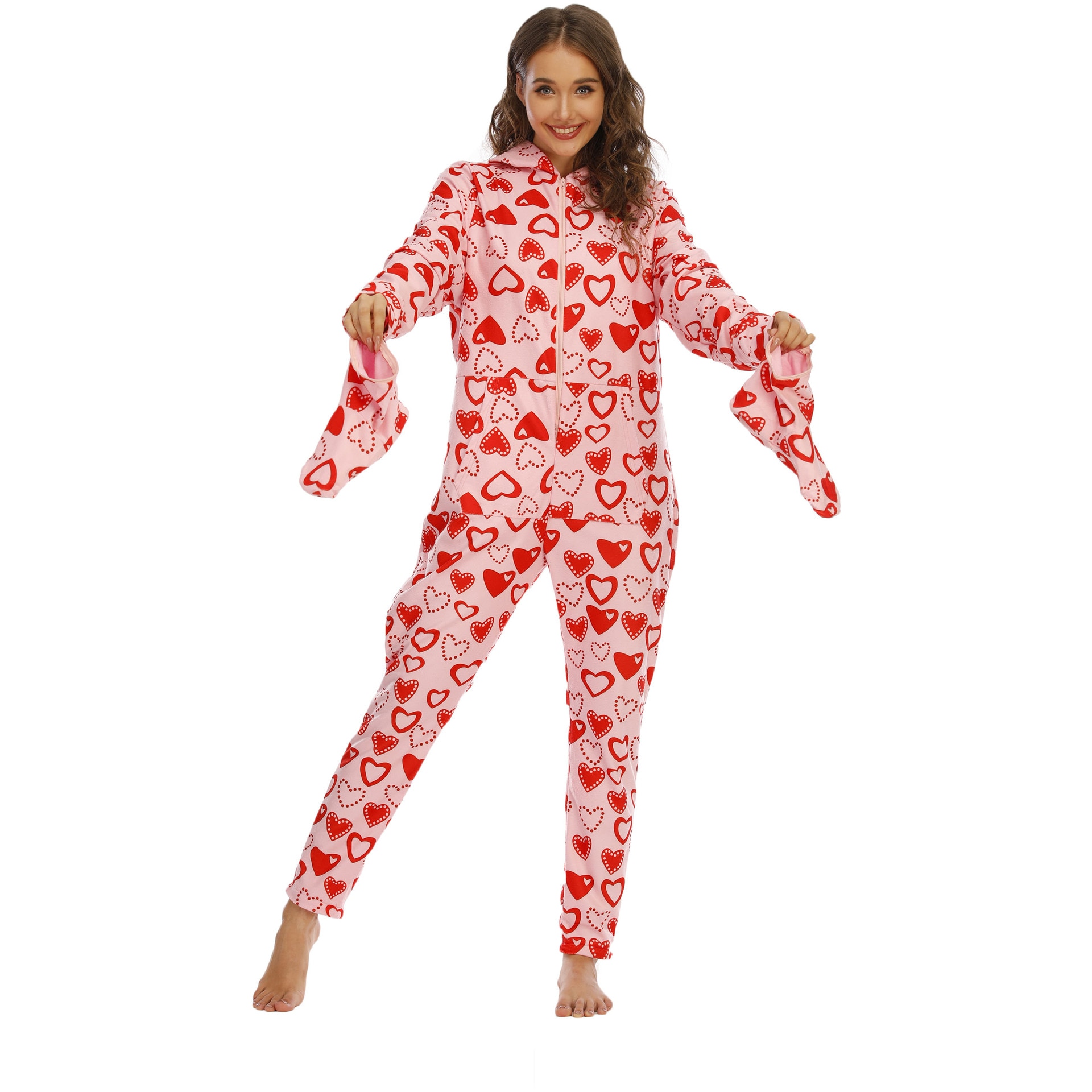 Women Pajamas Polar Fleece Jumpsuit Zipper Hooded Onesie Sleepwear Love Print Nightgown Pink Red With Foot Cover Rompers Pyjamas