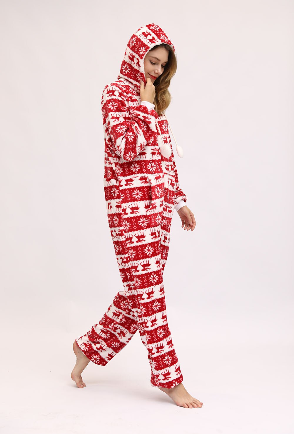 Christmas Hooded Onesie Adult Woman Elk Snow Print Party Jumpsuit Wide Stripes Zipper Hood Pajamas Female Winter Warm Pyjamas