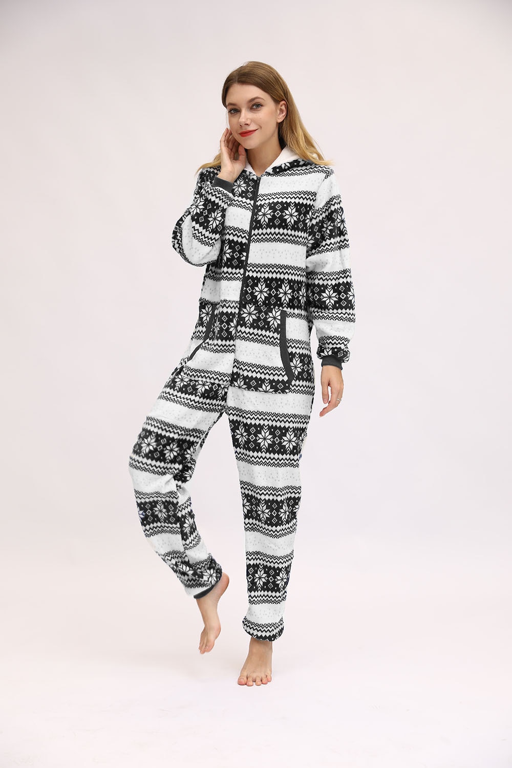 Christmas Hooded Onesie Adult Woman Elk Snow Print Party Jumpsuit Wide Stripes Zipper Hood Pajamas Female Winter Warm Pyjamas