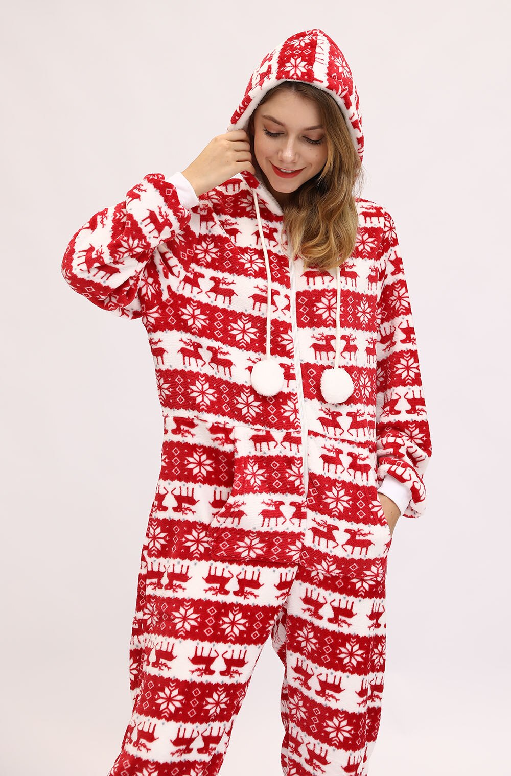 Christmas Hooded Onesie Adult Woman Elk Snow Print Party Jumpsuit Wide Stripes Zipper Hood Pajamas Female Winter Warm Pyjamas