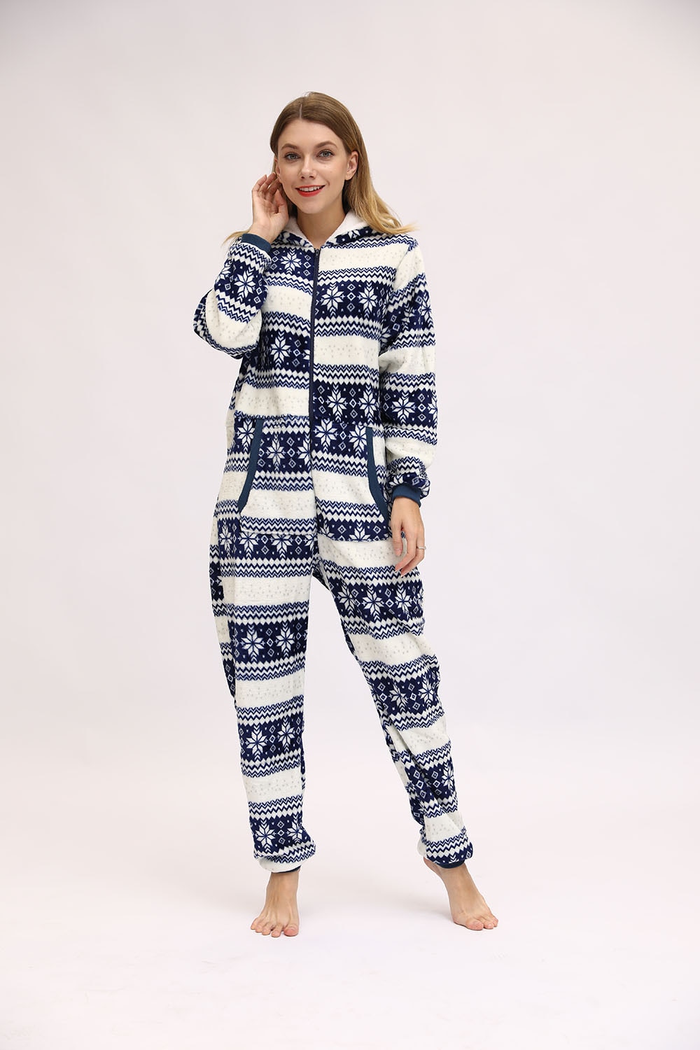 Christmas Hooded Onesie Adult Woman Elk Snow Print Party Jumpsuit Wide Stripes Zipper Hood Pajamas Female Winter Warm Pyjamas