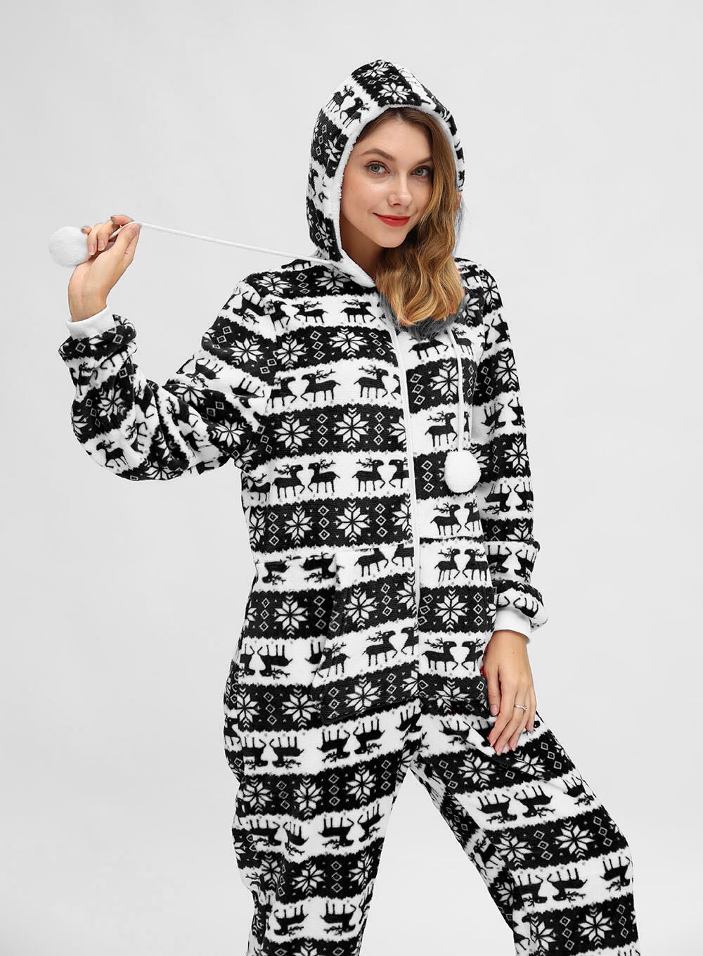 Christmas Hooded Onesie Adult Woman Elk Snow Print Party Jumpsuit Wide Stripes Zipper Hood Pajamas Female Winter Warm Pyjamas