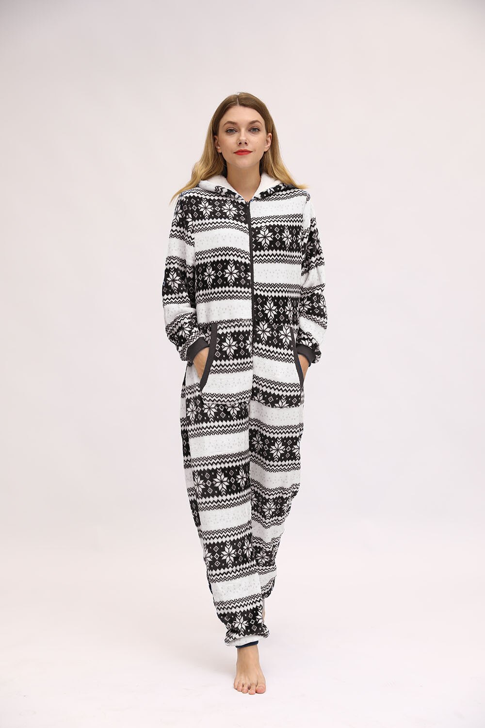 Christmas Hooded Onesie Adult Woman Elk Snow Print Party Jumpsuit Wide Stripes Zipper Hood Pajamas Female Winter Warm Pyjamas