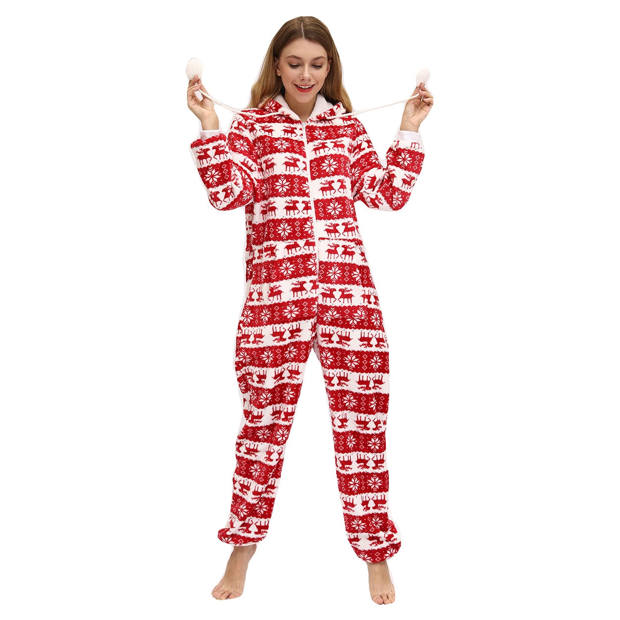 Christmas Hooded Onesie Adult Woman Elk Snow Print Party Jumpsuit Wide Stripes Zipper Hood Pajamas Female Winter Warm Pyjamas