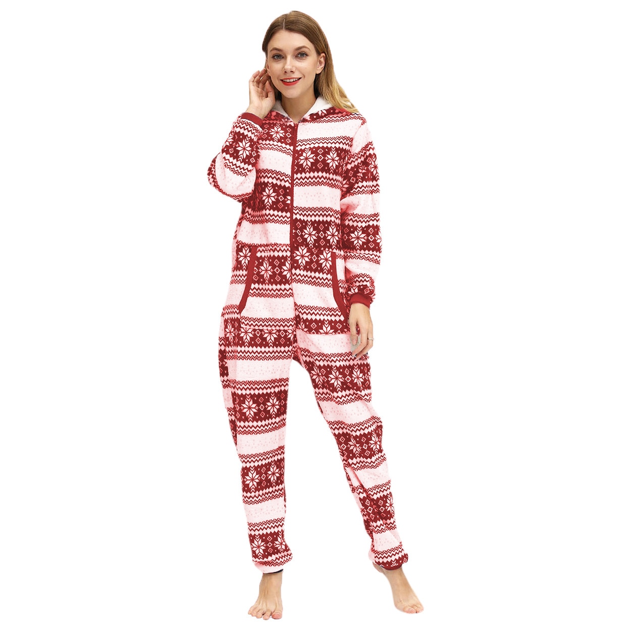 Christmas Hooded Onesie Adult Woman Elk Snow Print Party Jumpsuit Wide Stripes Zipper Hood Pajamas Female Winter Warm Pyjamas