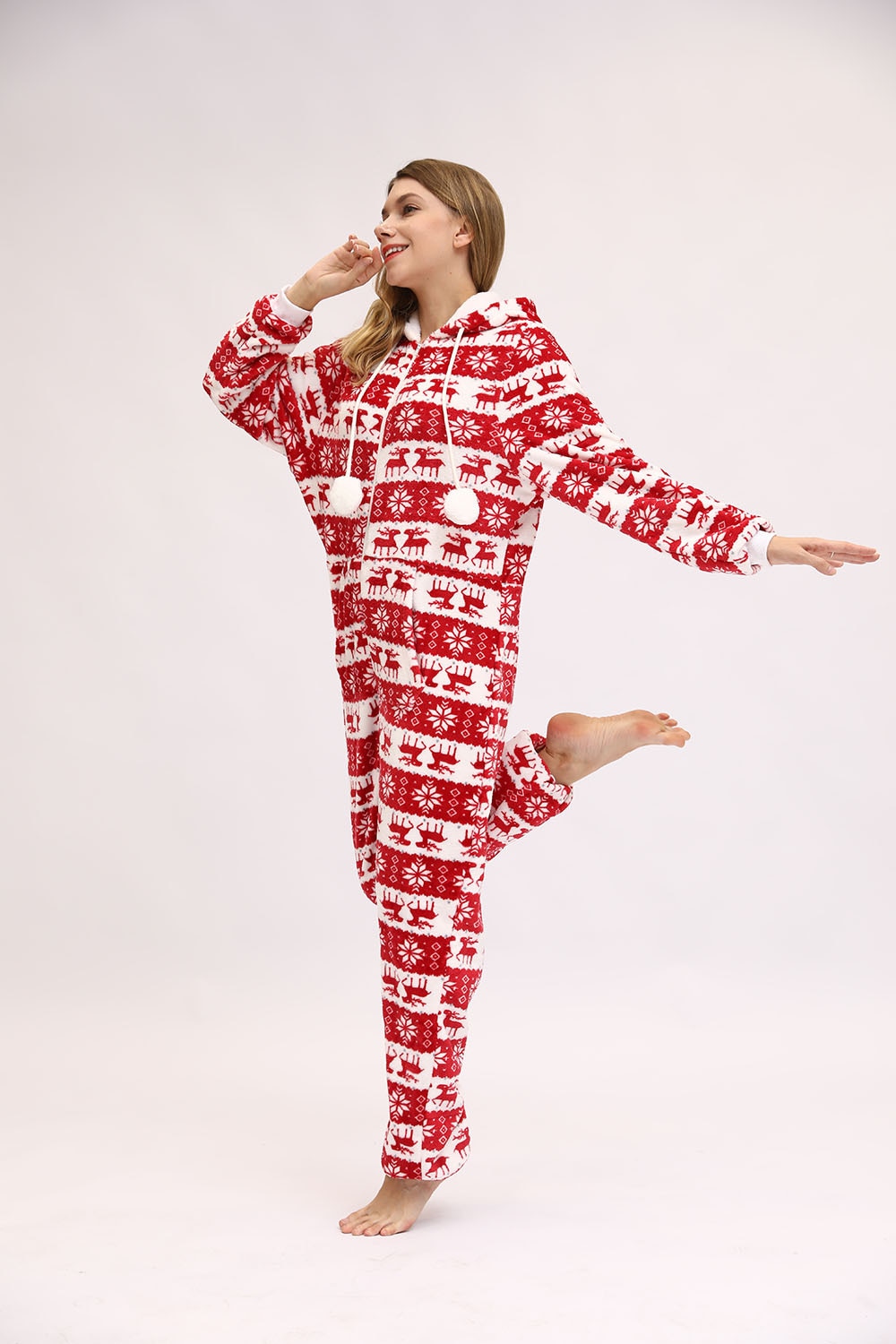 Christmas Hooded Onesie Adult Woman Elk Snow Print Party Jumpsuit Wide Stripes Zipper Hood Pajamas Female Winter Warm Pyjamas