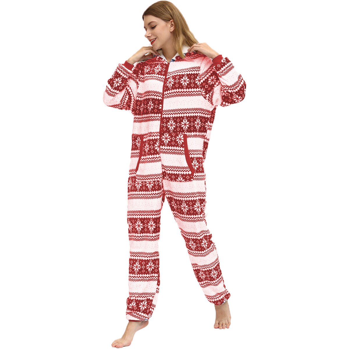 Christmas Hooded Onesie Adult Woman Elk Snow Print Party Jumpsuit Wide Stripes Zipper Hood Pajamas Female Winter Warm Pyjamas