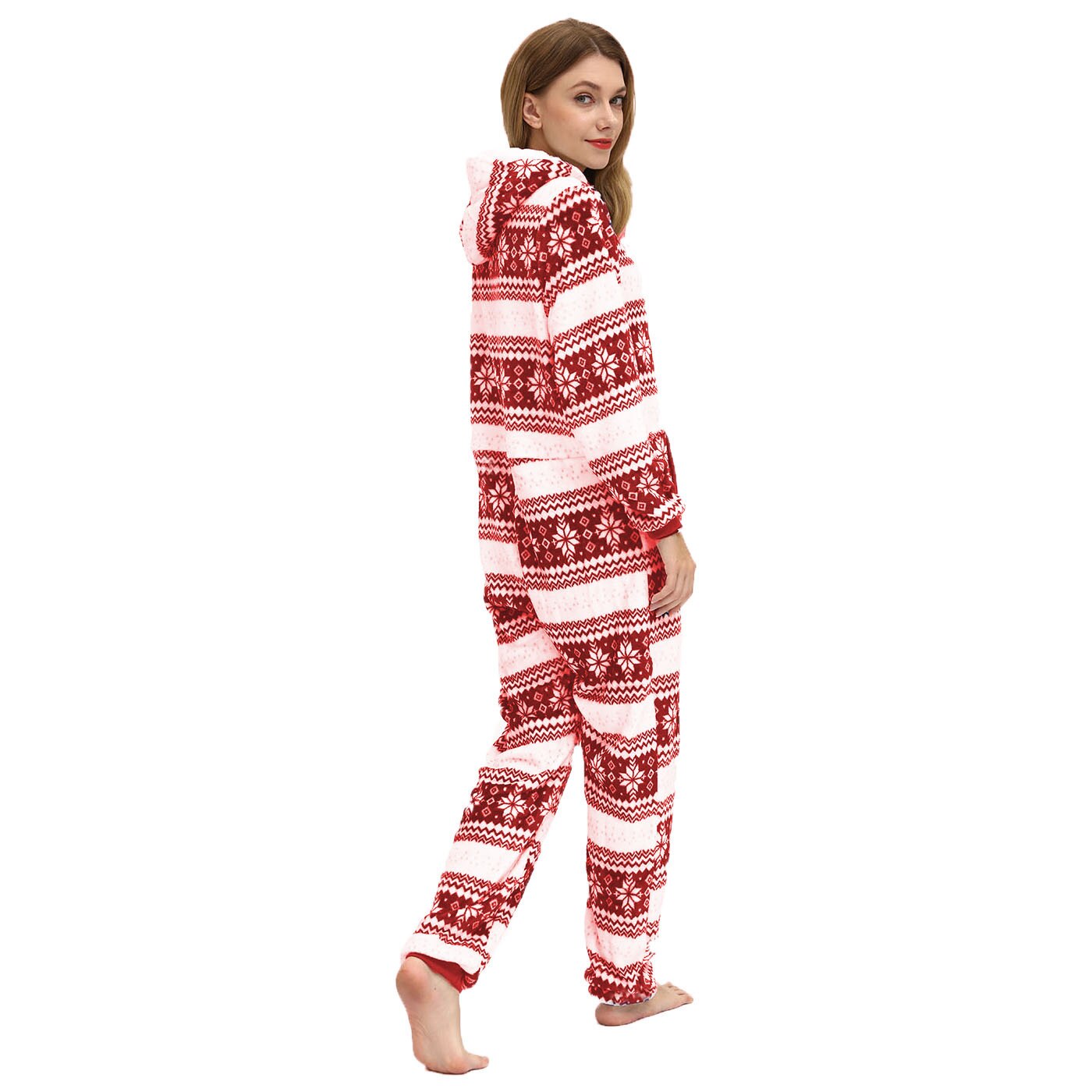 Christmas Hooded Onesie Adult Woman Elk Snow Print Party Jumpsuit Wide Stripes Zipper Hood Pajamas Female Winter Warm Pyjamas