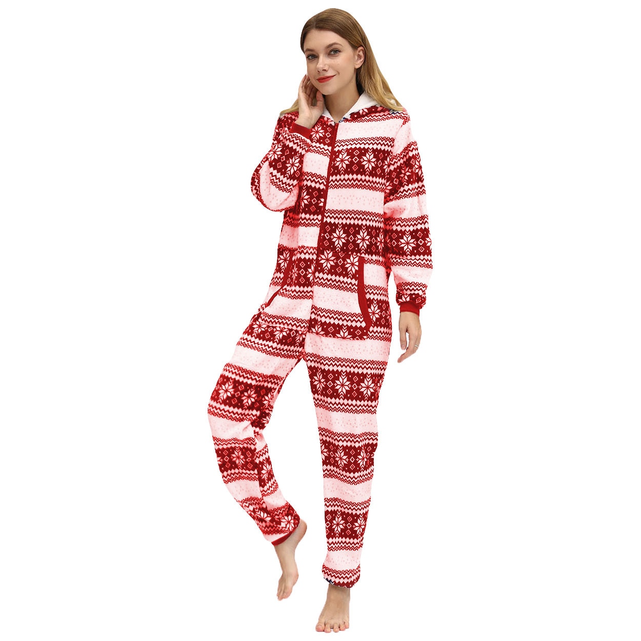 Christmas Hooded Onesie Adult Woman Elk Snow Print Party Jumpsuit Wide Stripes Zipper Hood Pajamas Female Winter Warm Pyjamas