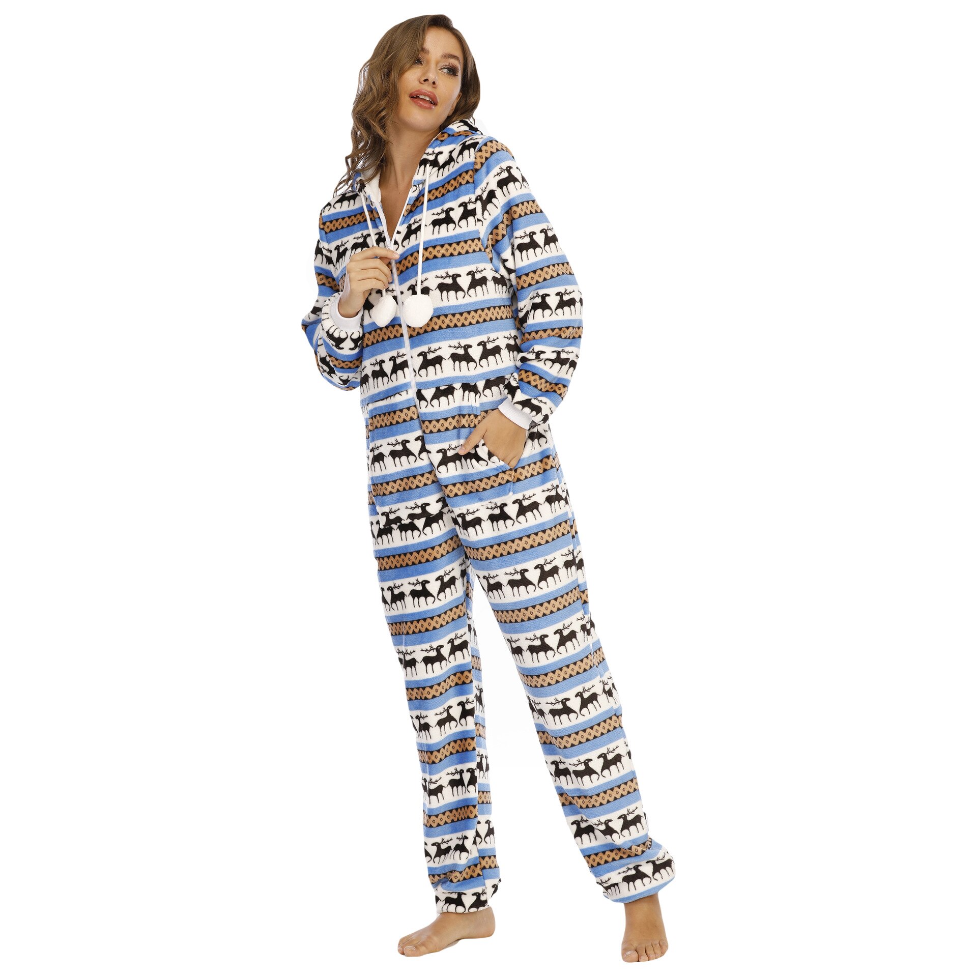 Women Christmas Sleepwear Flannel Hooded Onesie Pajamas Deer Printing Jumpsuit Winter Full Sleeve Female Lounge Xmas Nightwear