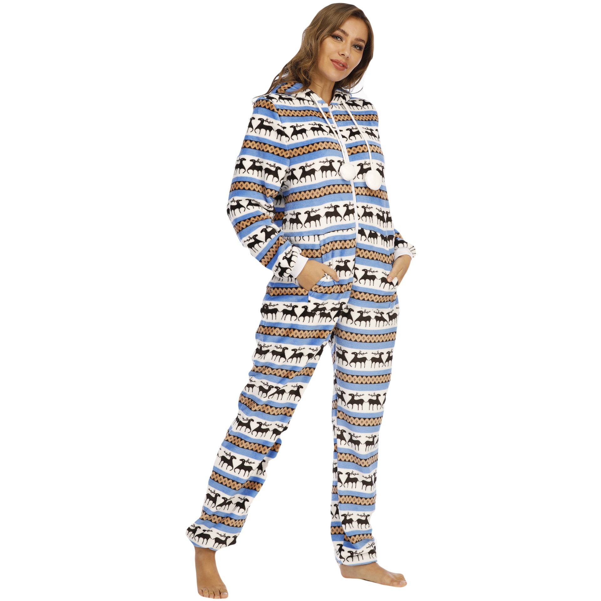 Women Christmas Sleepwear Flannel Hooded Onesie Pajamas Deer Printing Jumpsuit Winter Full Sleeve Female Lounge Xmas Nightwear