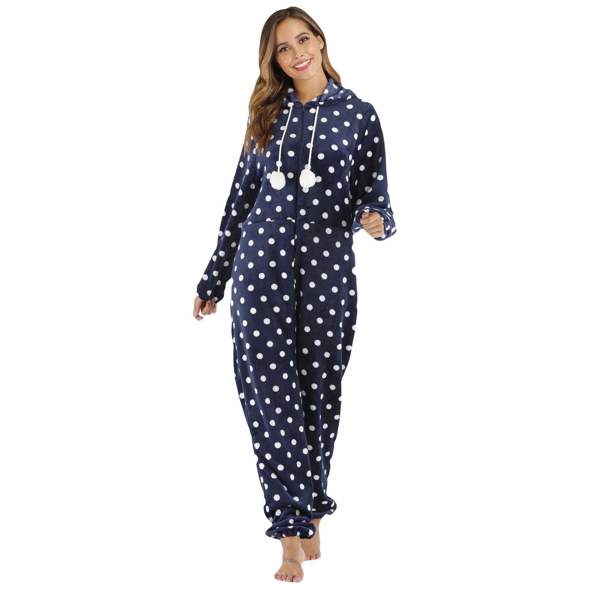 Dots Print Women Onesie Flannel Zipper Hood Jumpsuit Pajamas Full Sleeve Casual Pyjamas Autumn Winter Adult Female Nightgown