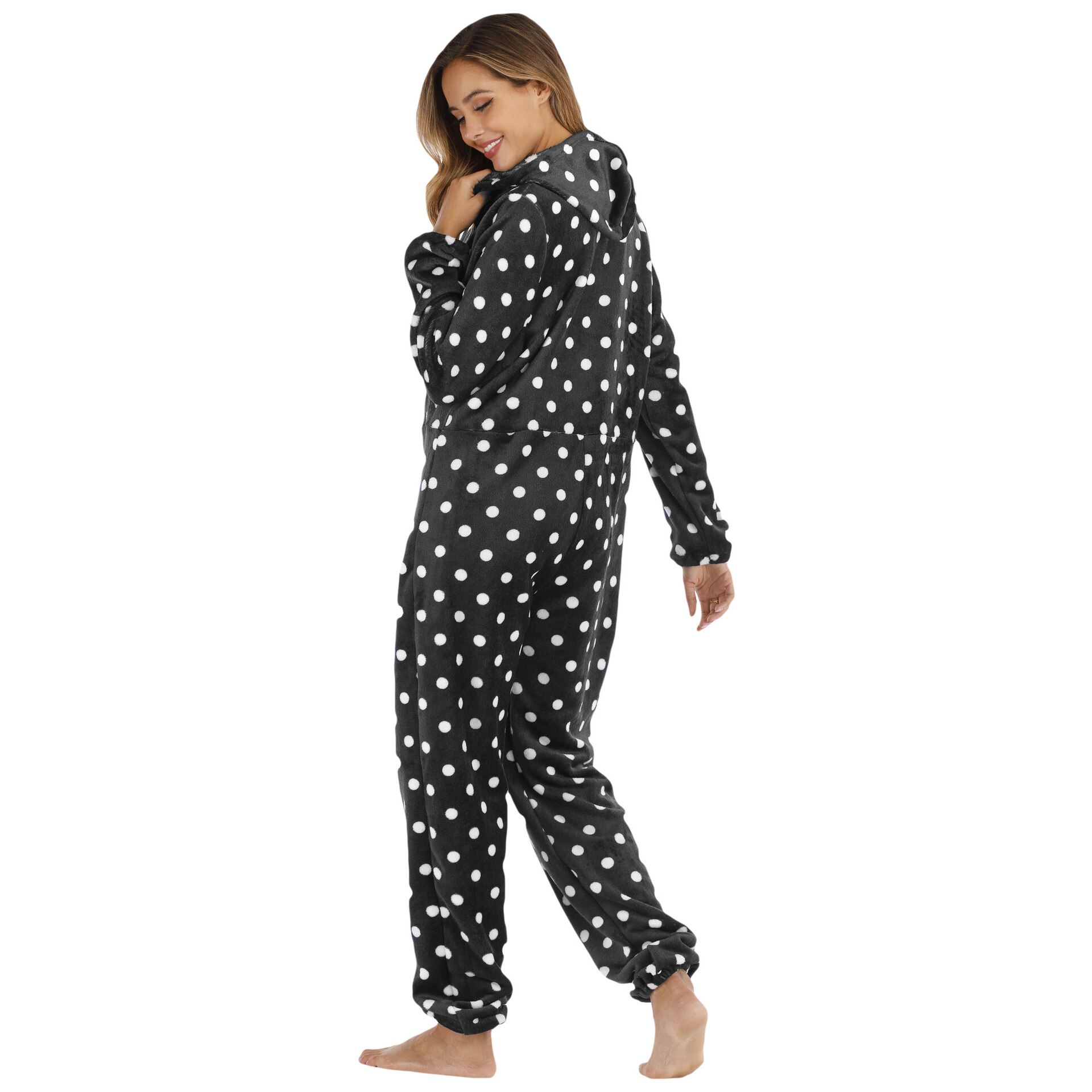 Dots Print Women Onesie Flannel Zipper Hood Jumpsuit Pajamas Full Sleeve Casual Pyjamas Autumn Winter Adult Female Nightgown