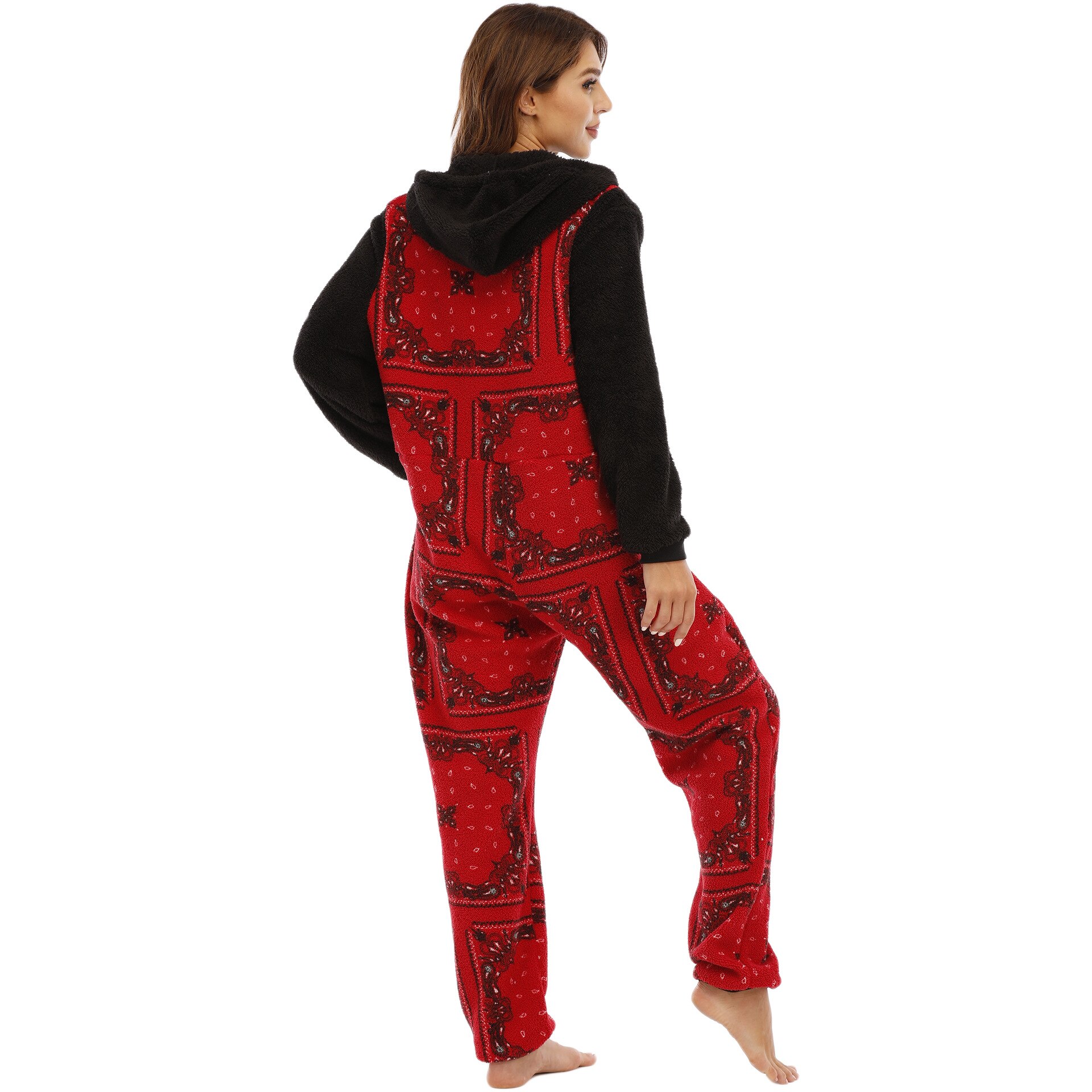 Women Jumpsuit Sleepwear Stripe Zipper Hooded Onesies Christmas New Year Pajamas Winter Long Sleeve Romper Female Nightwear