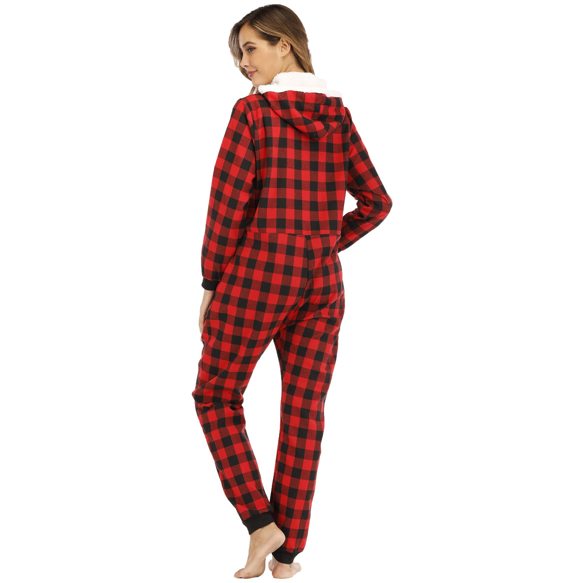 Plaid Print Jumpsuit Winter Adult Women Onesies Pajama Zipper Long Sleeve Casual Homewear Hood Romper Sleepwear Splicing Set