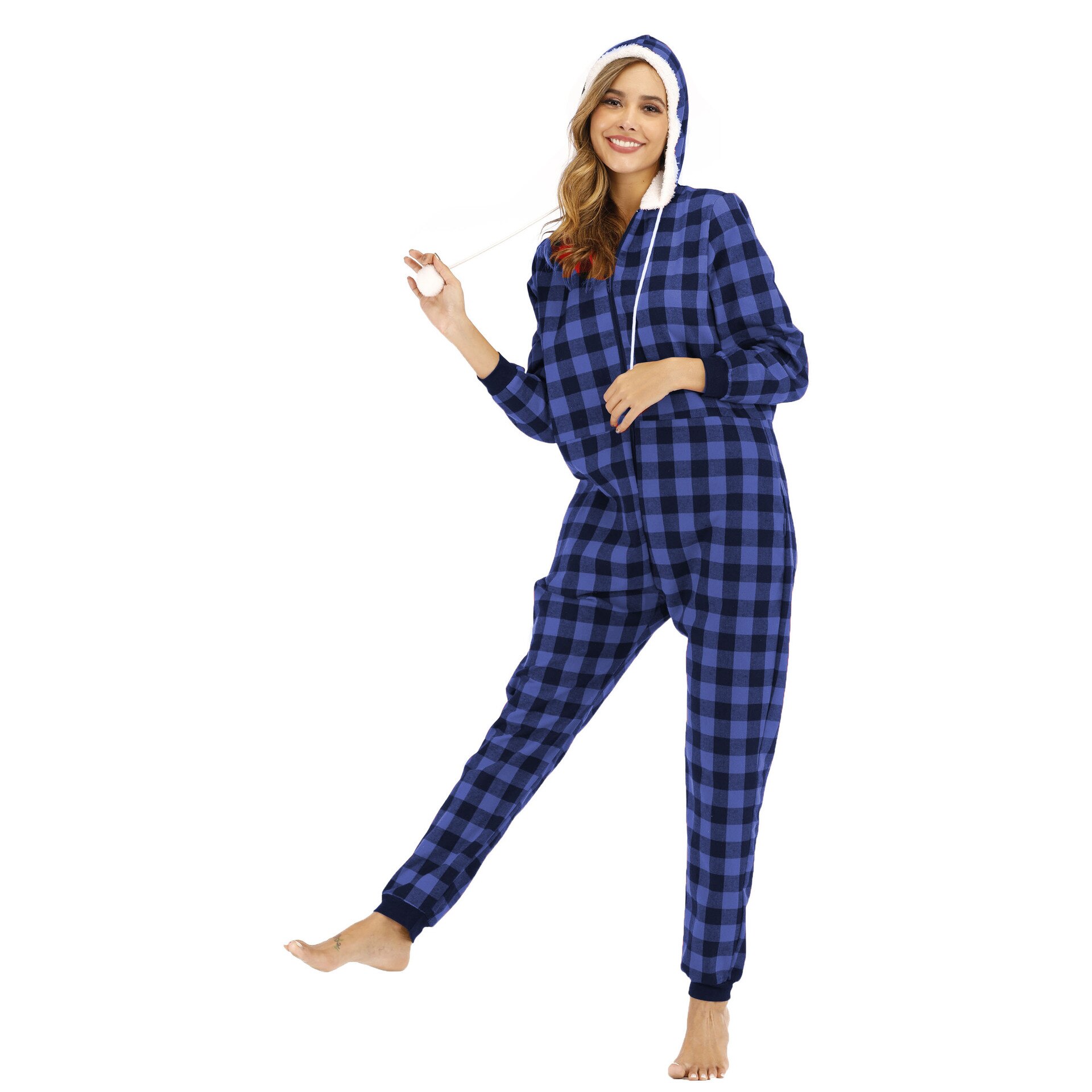 Plaid Print Jumpsuit Winter Adult Women Onesies Pajama Zipper Long Sleeve Casual Homewear Hood Romper Sleepwear Splicing Set