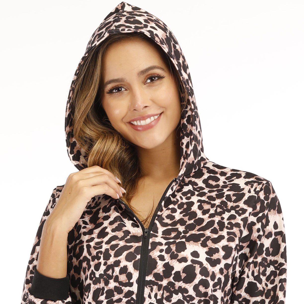 Women Pajama Leopard Print Onesie Ladies Flannel Hooded Sleepwear Coffee One-piece Jumpsuit Pajamas Adults Rompers Nightwear