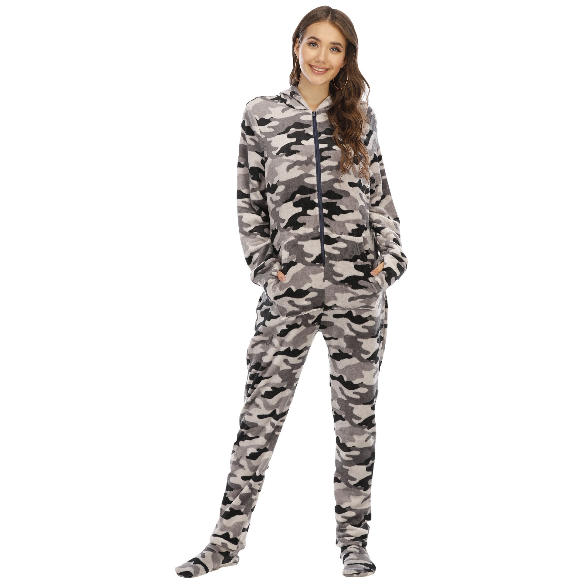 Kigurumis Pajama Cartoon Elephant Print Camouflage Gray Jumpsuit Women Zipper Full Sleeve Onesie Fleece Bodysuit With Foot Cover