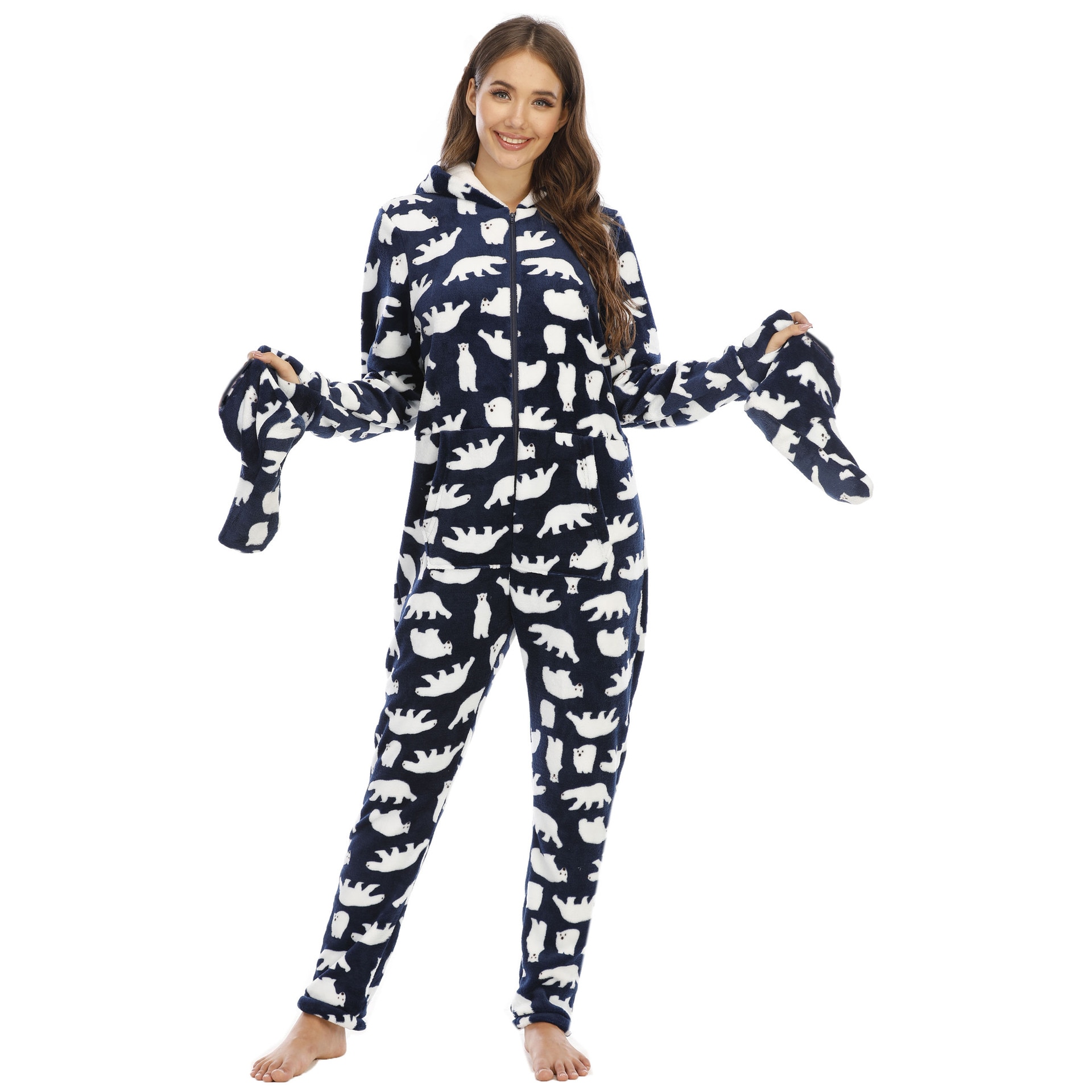 Kigurumis Pajama Cartoon Elephant Print Camouflage Gray Jumpsuit Women Zipper Full Sleeve Onesie Fleece Bodysuit With Foot Cover