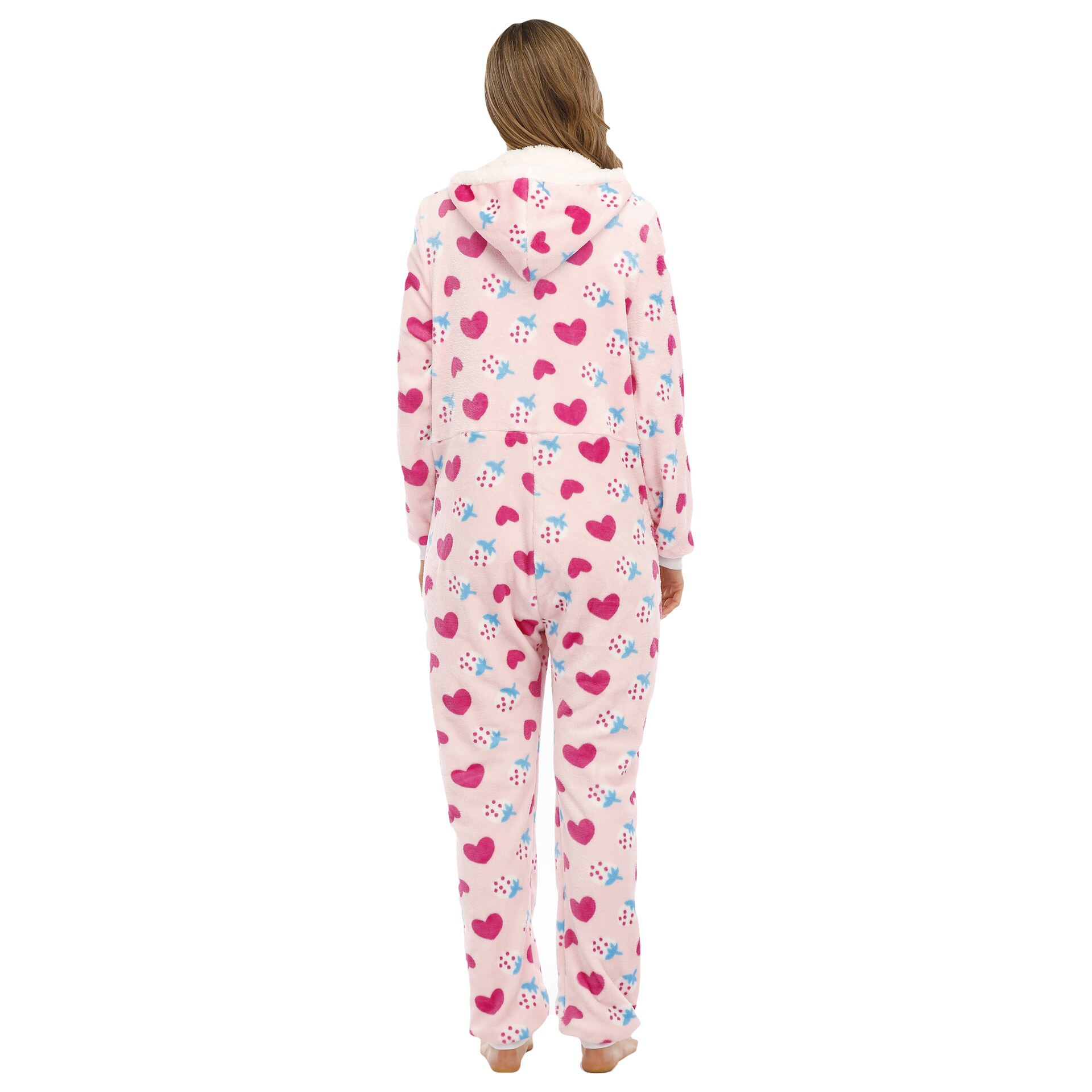 Flannel Jumpsuit Sleepwear Adult Women Winter Warm Pyjamas Red Heart Print Solid Onesies Plus Large Long Sleeve Hood Rompers Set