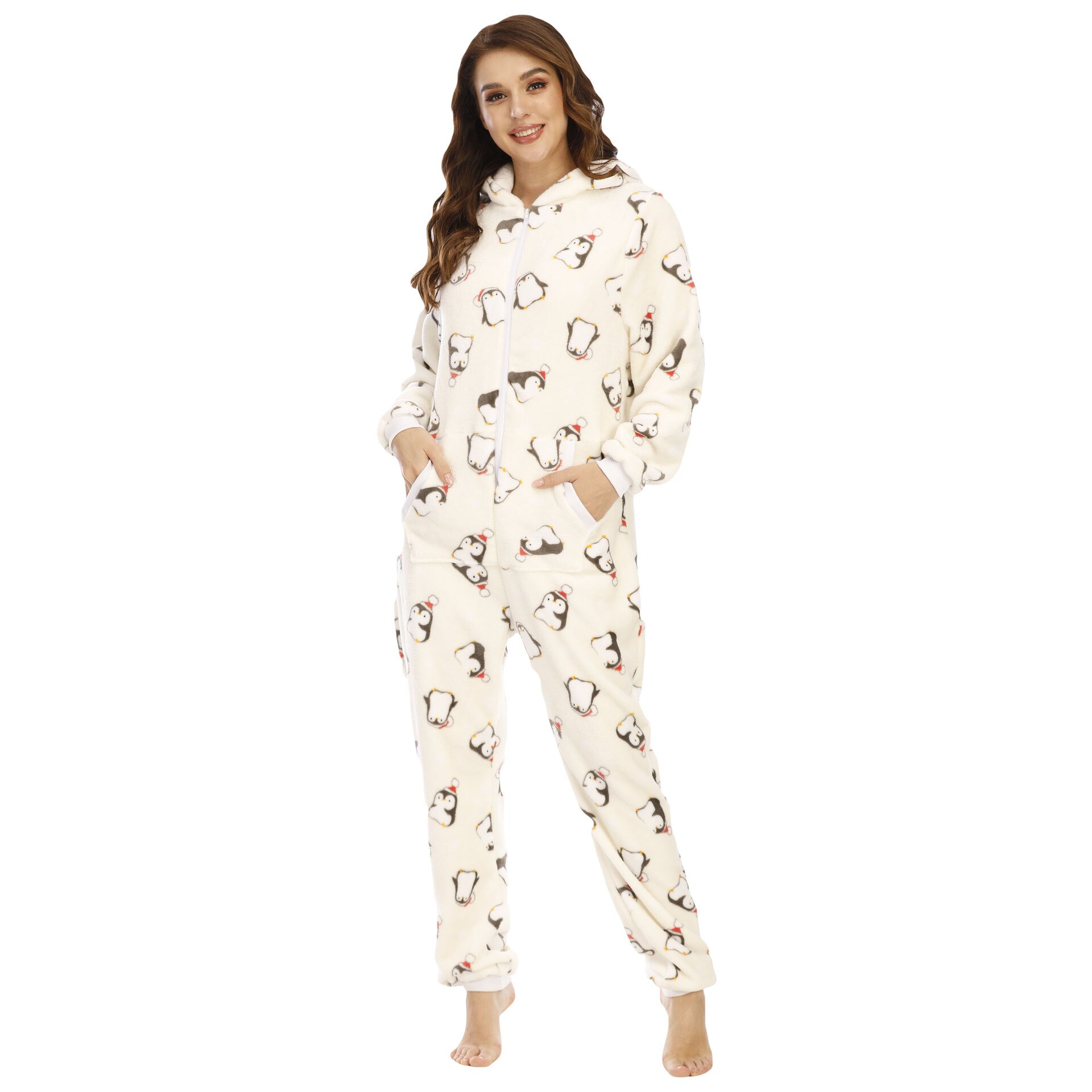Women Kigurumis Pajama Anime Bear Ear Jumpsuit Onesie Christmas Penguin Print Romper Pyjamas Flannel Winter Warm Hood Sets