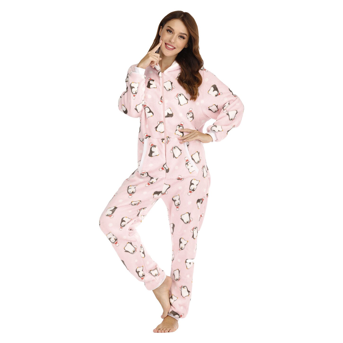 Women Kigurumis Pajama Anime Bear Ear Jumpsuit Onesie Christmas Penguin Print Romper Pyjamas Flannel Winter Warm Hood Sets