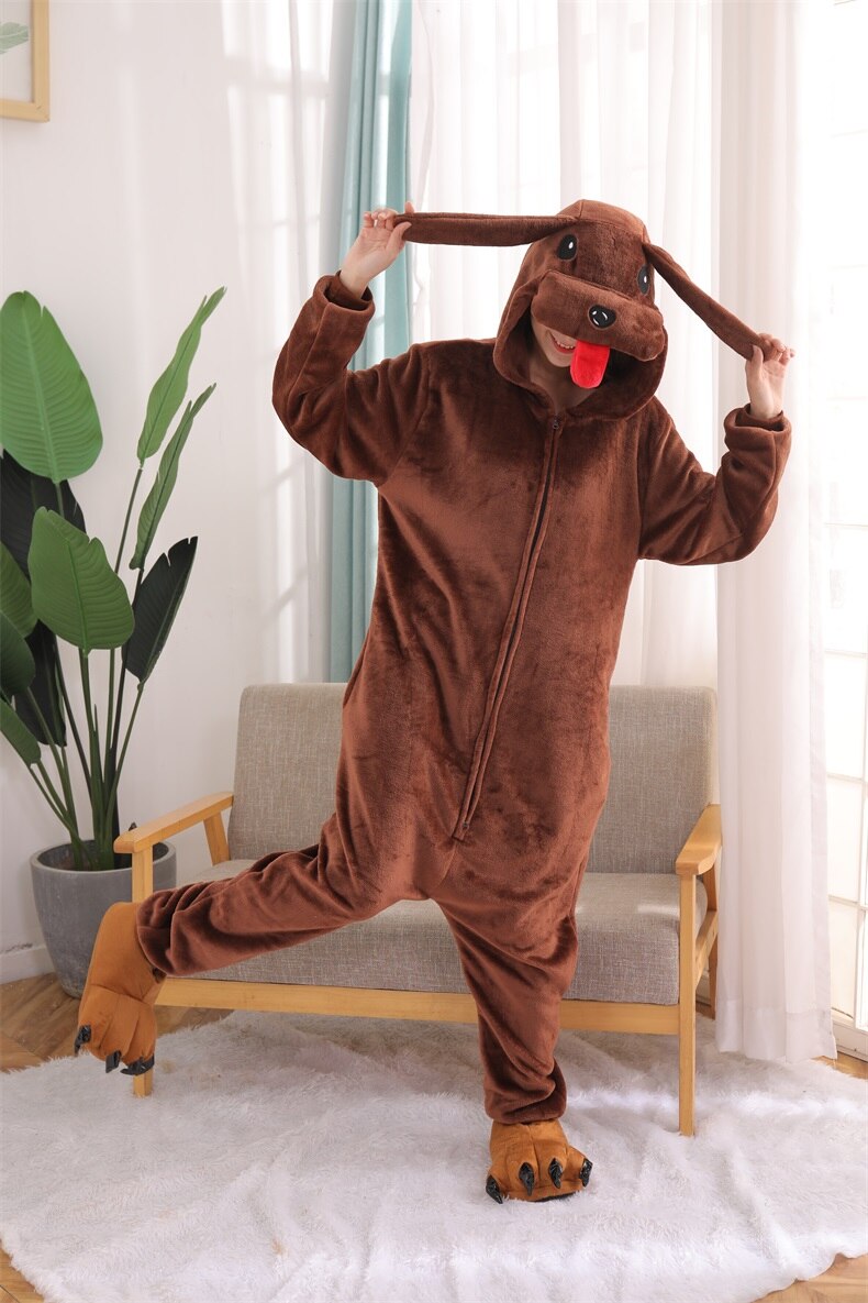 Brown Dog Onesies Zipper Pajama Animals Kigurumis For Women Men Flannel Warm Winter Suit
