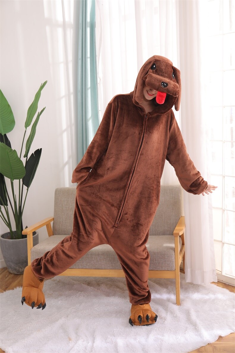 Brown Dog Onesies Zipper Pajama Animals Kigurumis For Women Men Flannel Warm Winter Suit