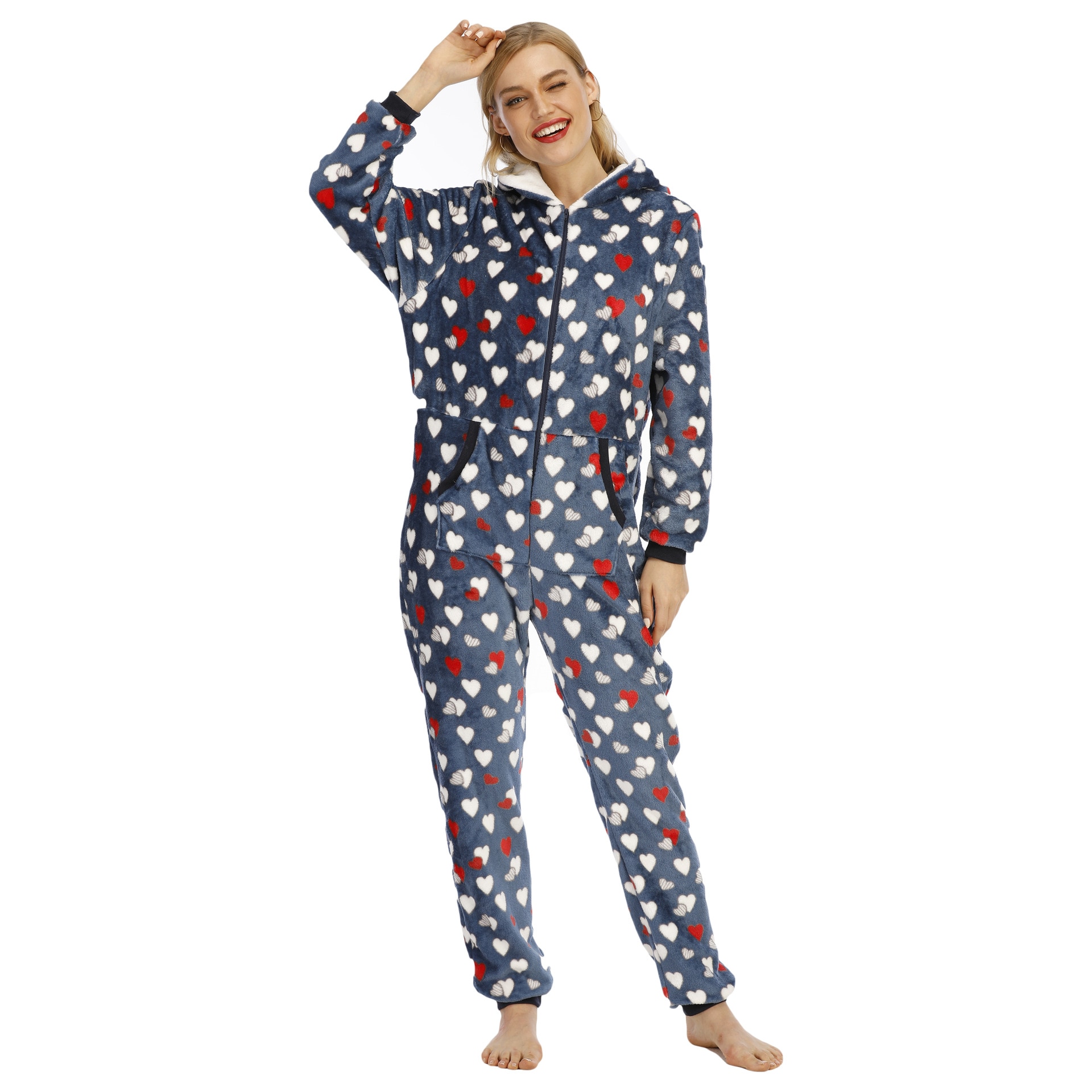 Flannel Women Pajamas Cute Ears Hooded Jumpsuit Plush Onesie Sleepwear Love Print Nightwear Zipper Full Sleeve Romper Nightgown