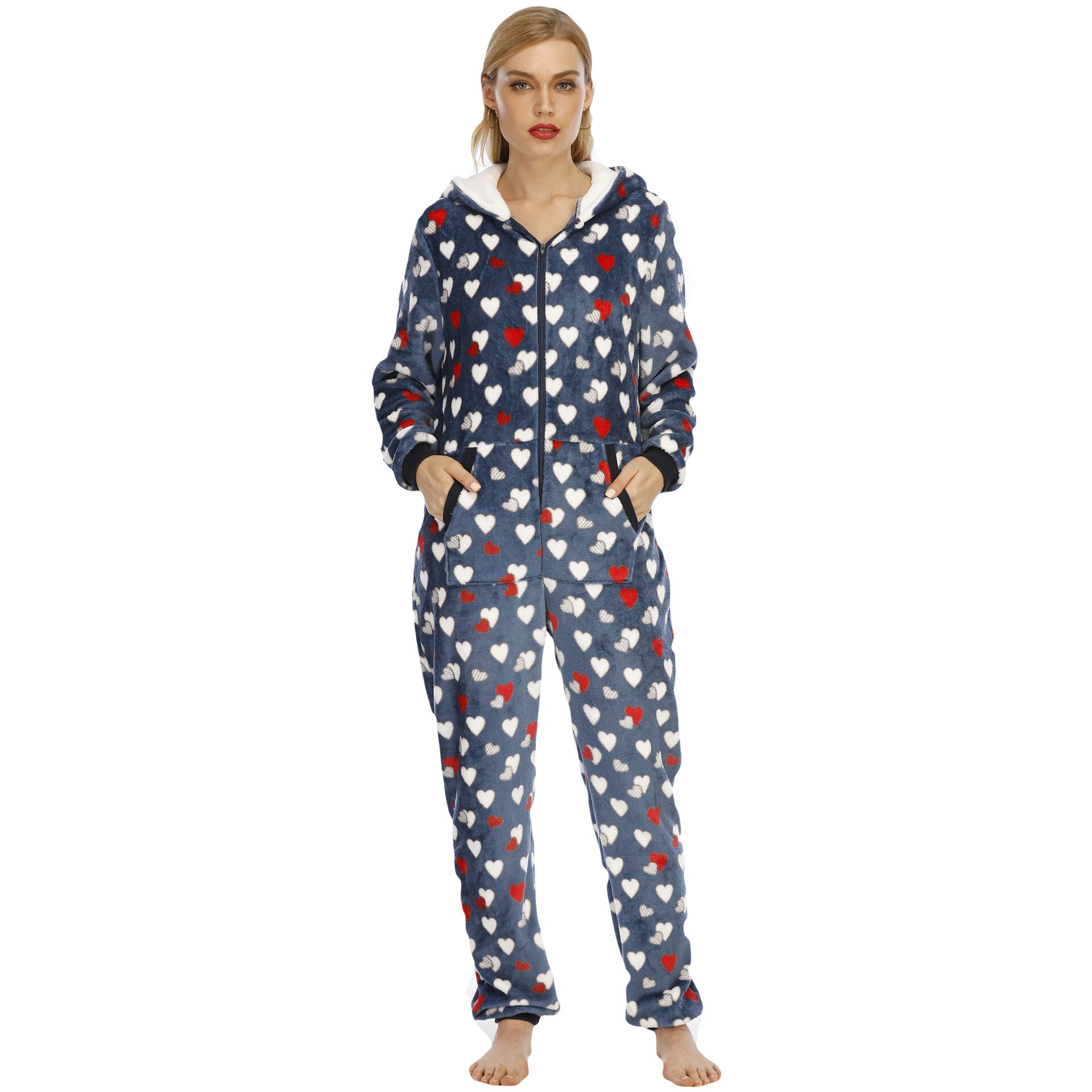 Flannel Women Pajamas Cute Ears Hooded Jumpsuit Plush Onesie Sleepwear Love Print Nightwear Zipper Full Sleeve Romper Nightgown