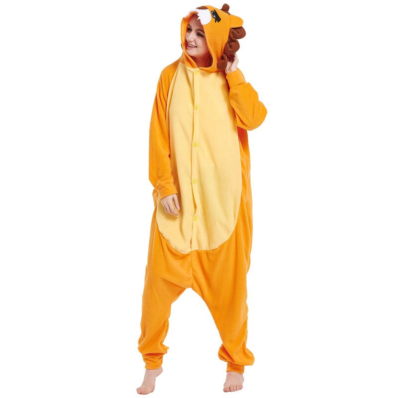 Lion Kigurumis Unisex Adult Onesie Animal Pajama Jumpsuit Orange Funny Overalls Couple Festival Party Suit Polar Fleece